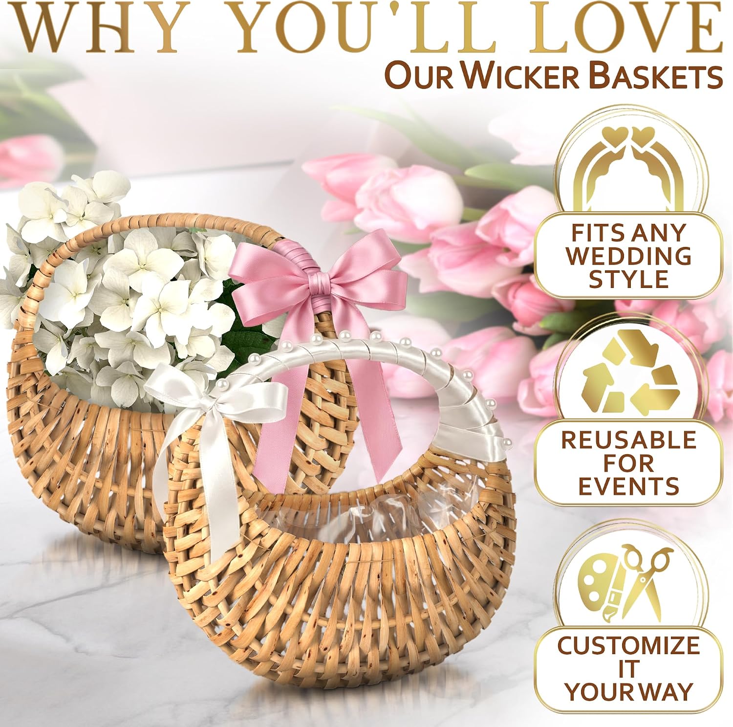 Flower Girl Basket Set of 2 — Small Wicker Baskets with Handle & Waterproof Lining (6.3"×5.12"×3.75") — Mini Rattan Baskets for Wedding, Bridal Shower, Picnic, Storage, Gifts, Boho Decor & Photo Props