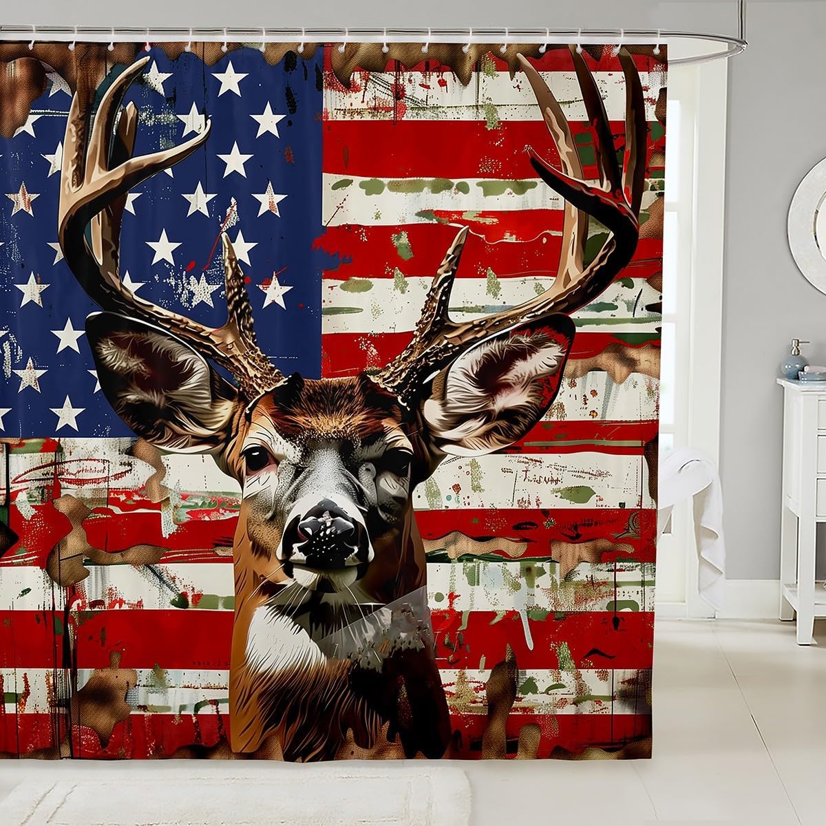 Manfei Wild Deer Waterproof Shower Curtains,Vintage American Flag Red and Blue Shower Curtain,Nature Animal Hunting Theme Rustic Farmhouse Modern Bathroom Accessories,Machine Washable,72" X 78"