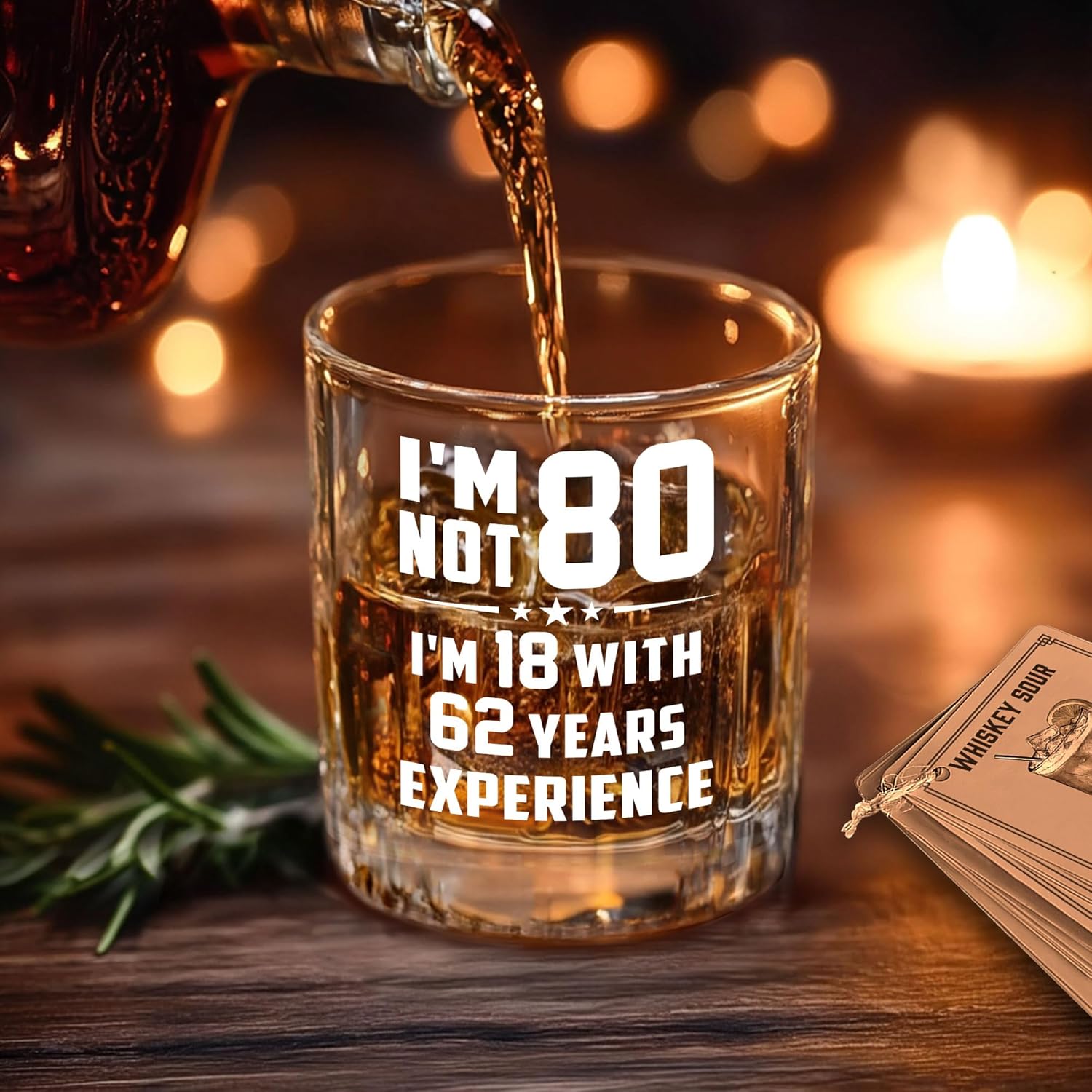 Funny 80th Birthday Gifts for Men – “I’m Not 80, I’m 18 with 62 Years Experience” Whiskey Glass Gift Set with Coasters, Recipe Cards, Greeting Card & Wooden Box - Image 6