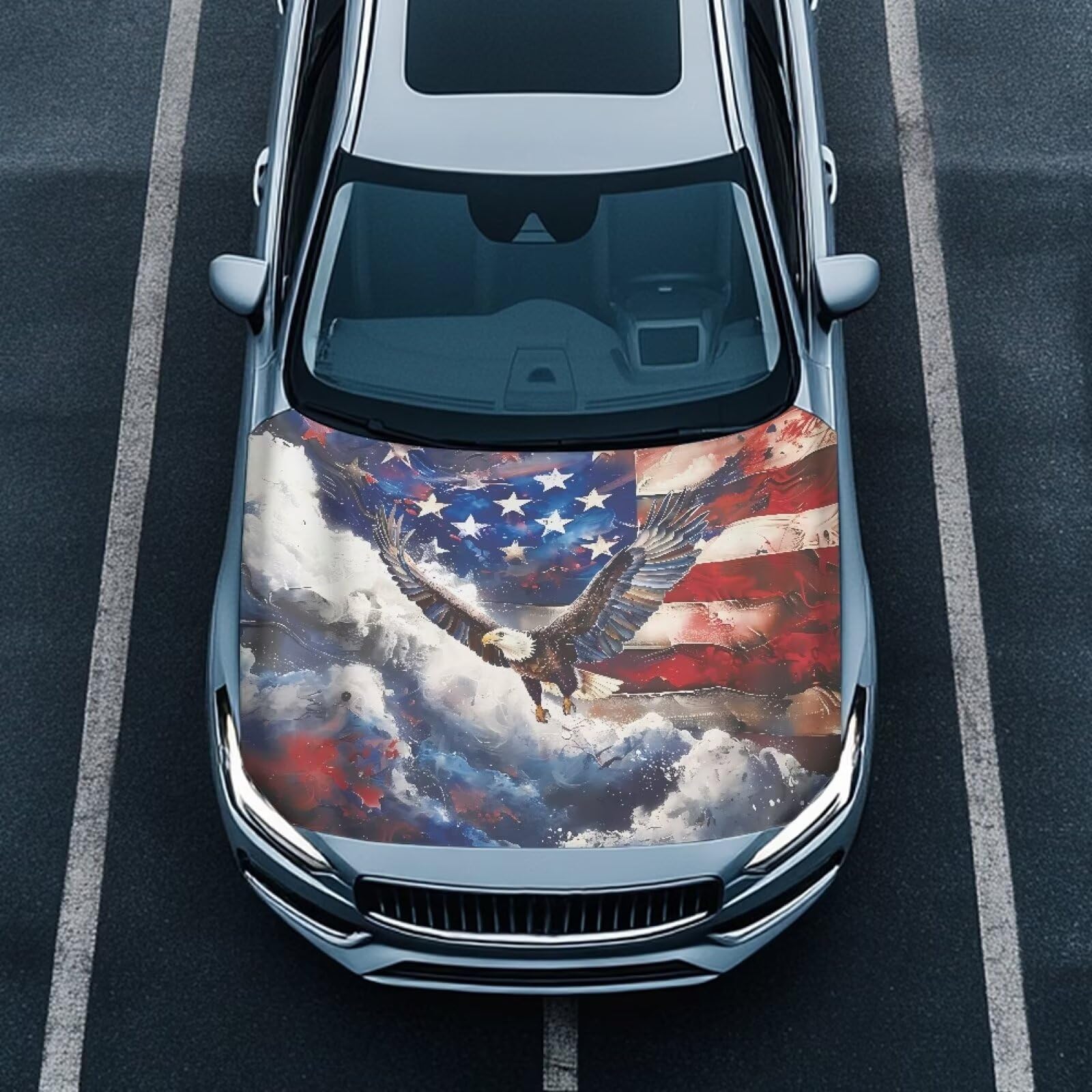 Renewold Car Hood Cover Protector, Eagle American Flag Fashion, Vehicle Hood Wrap Blanket, Hood Covers for Cars, Women Men Automotive Exterior Accessories, Elastic for Outdoor Indoor