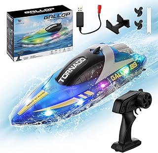 Coikes RC Boat with LED Light 2.4 GHz Racing Boats Remote Controlled Boat for Children 15 km/h Rechargeable 1200 mAh Speed...