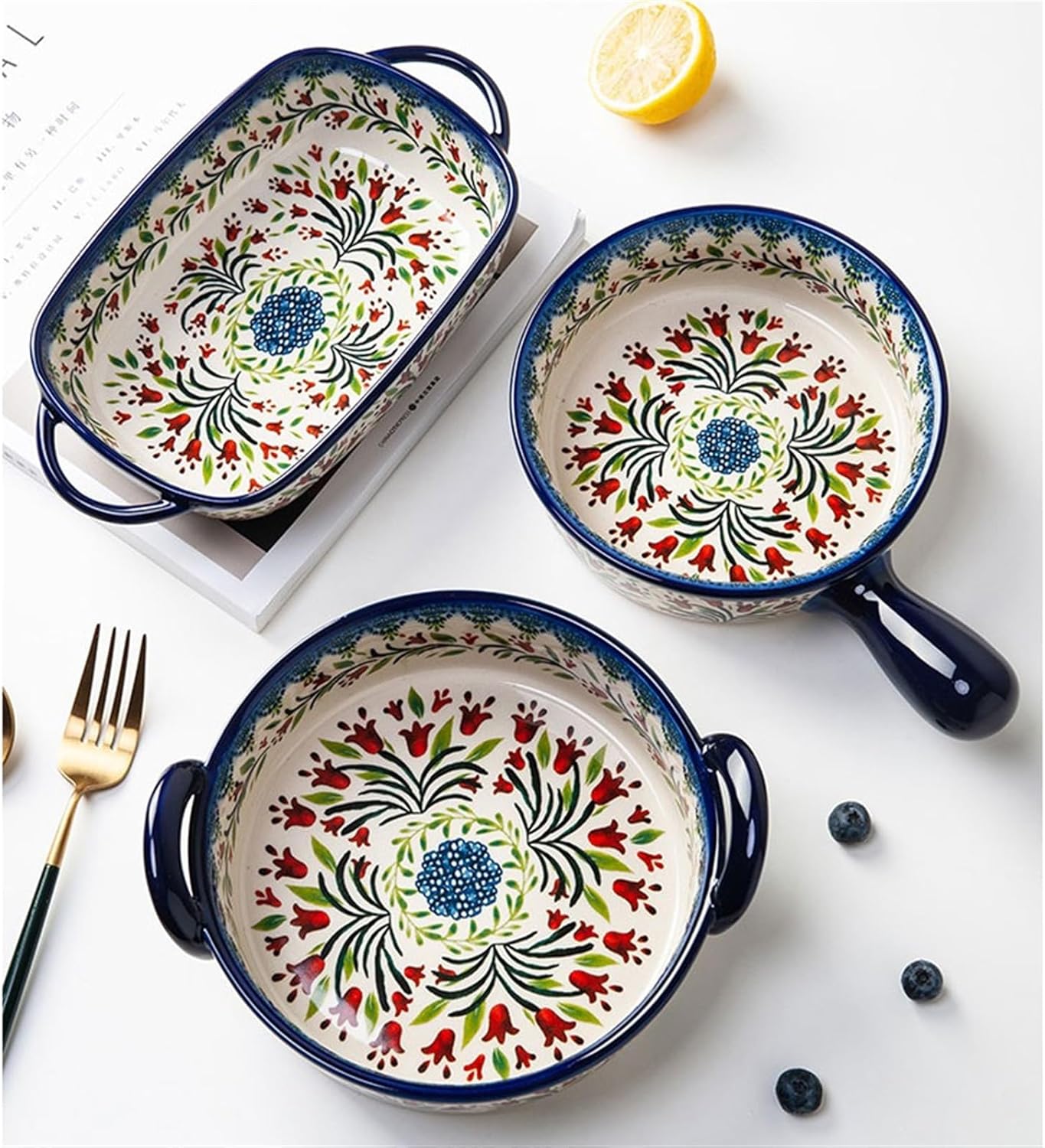 Lasagna Pans Double Ear Baking Bowl Baking Dish Household Ceramic Retro Tableware Handle Bowl Salad Bowl Deep Dish Lasagne Dish,18.5cm