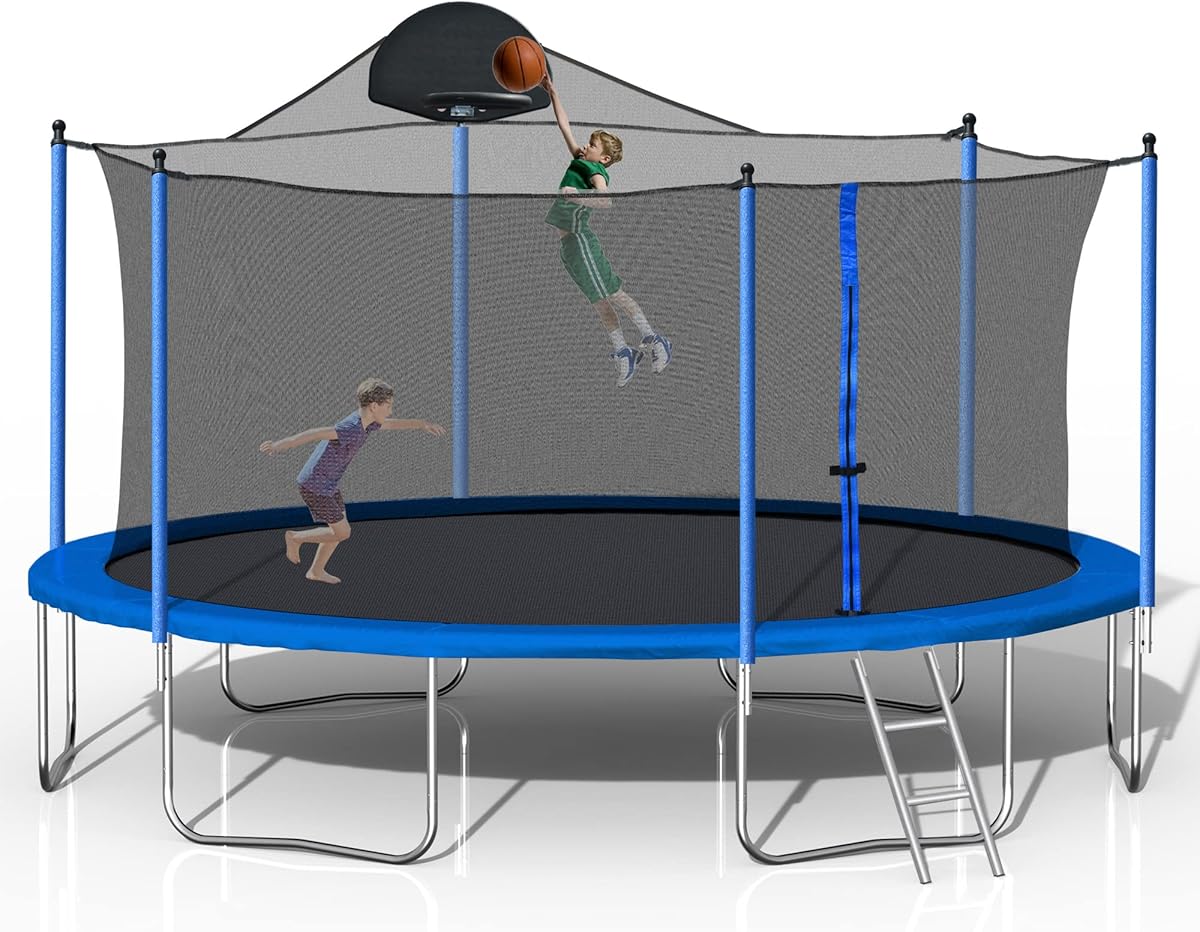 1000LBS 14FT Trampoline with Basketball Hoop & Safety Enclosure Net -ASTM Approved, Outdoor Recreational Heavy-Duty Trampoline for Kids Adult