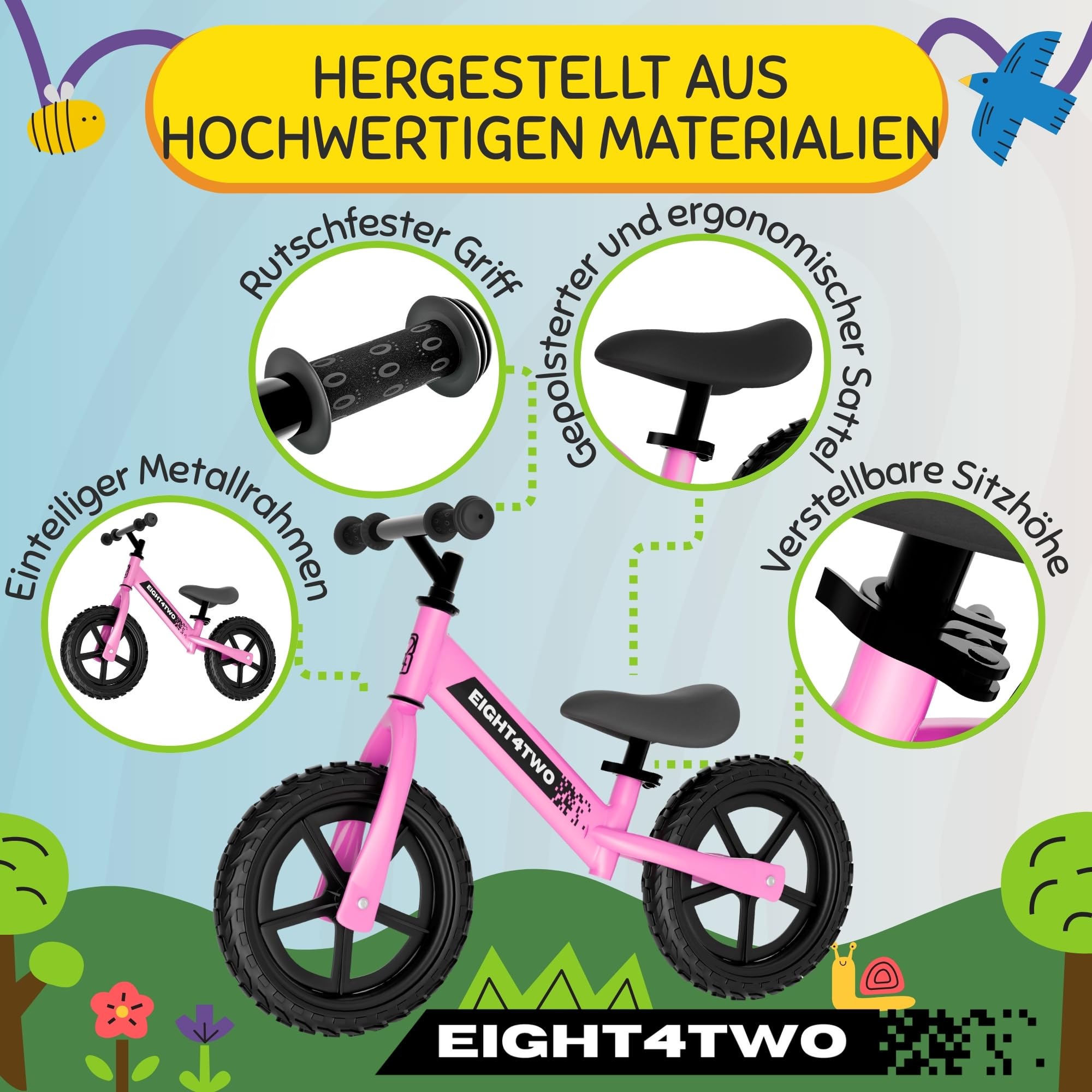EIGHT4TWO Fahrrad ohne Pedale für Kinder von 2, 3, 4 und 5 Jahren, Fahrrad ohne Pedale, ideal zum Gleichgewicht, Spielzeug für Kinder von 2, 3, 4 und 5 Jahren.