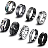 9Pcs Stainless Steel Band Rings for Men Women Cool Fidget Spinning Chain Ring Anxiety Relief Fashion Simple Wedding Engagement Black Ring Set