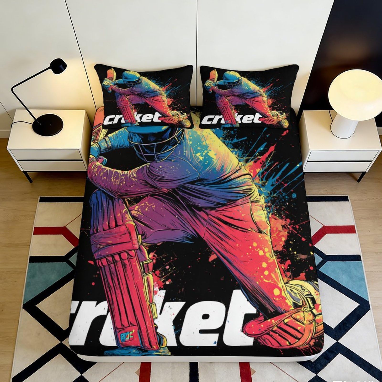 3D Printed Cricket Player Fitted Sheet Microfiber Vibrant Sports Art Bed Cover for Bedroom Dorm Mattress Decor 90x200x25cm
