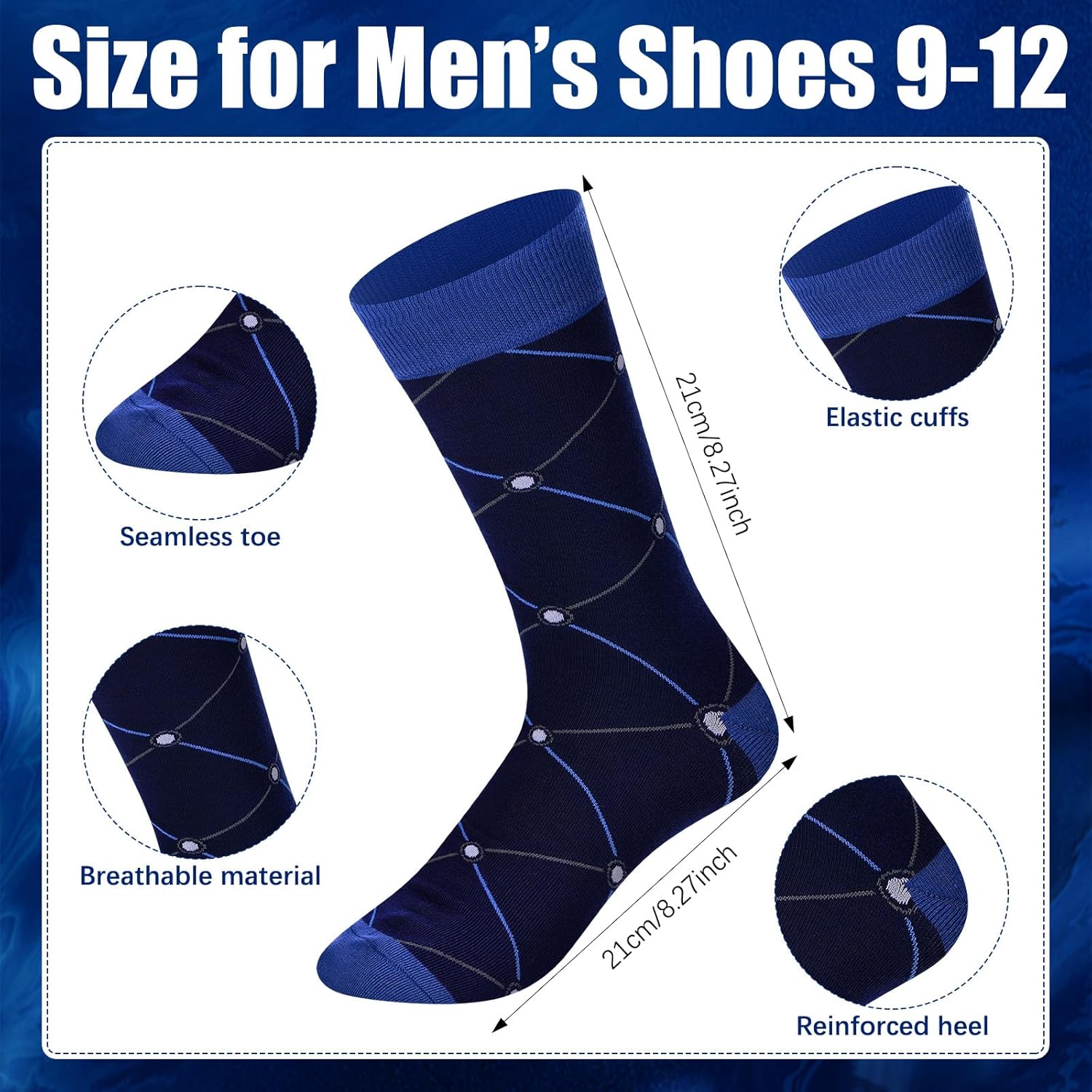 10 Pairs Dress Socks for Men Navy Blue Assorted Pattern Business Casual Soft Crew Calf Socks for Men Shoe Size 9-12 - Image 4