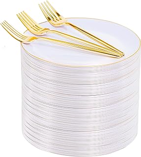200Pcs Gold Plastic Dessert Plates,Gold Small Plates Disposable,White Appetizer Plates with Gold Disposable Forks, Dessert Party Plates Cake Plates Include 7.5" Salad Plates, 7.6" Gold Forks