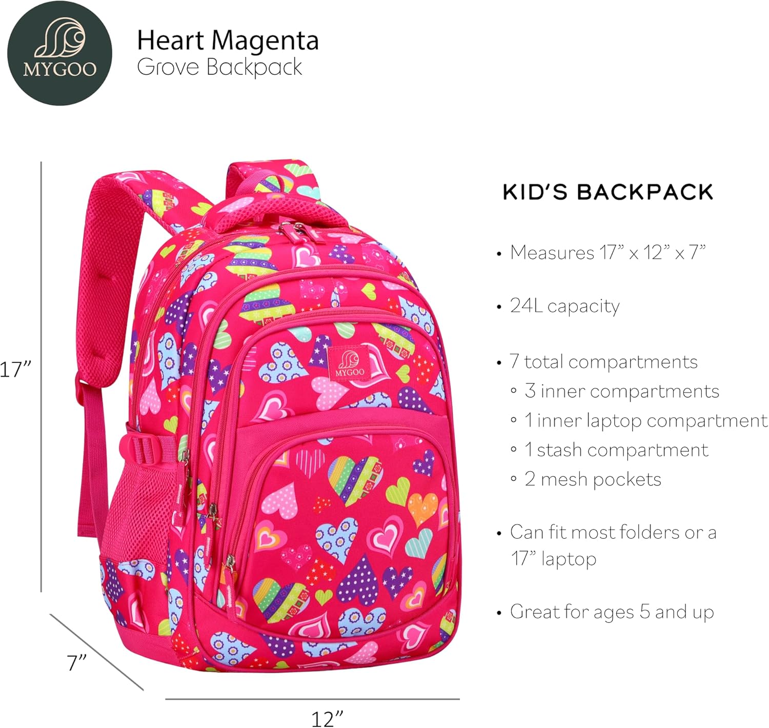 MYGOO Tropical Kids Backpack for Girls | 17" Heart Magenta | Grove Collection for School-Aged Children