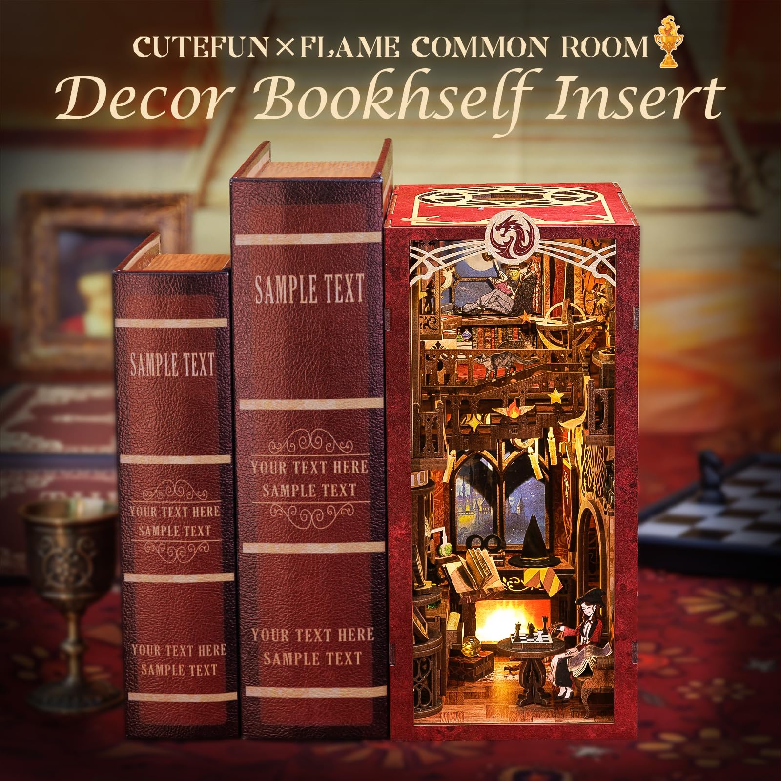 Cutefun DIY Book Nook Kit, Case delle bambole, Reggilibri Scaffale Inserto Decorazione con fogli di polvere plug-able e luce LED,Kit di Costruzione di Modellini in Legno per Casa delle Bambole(RK01B)