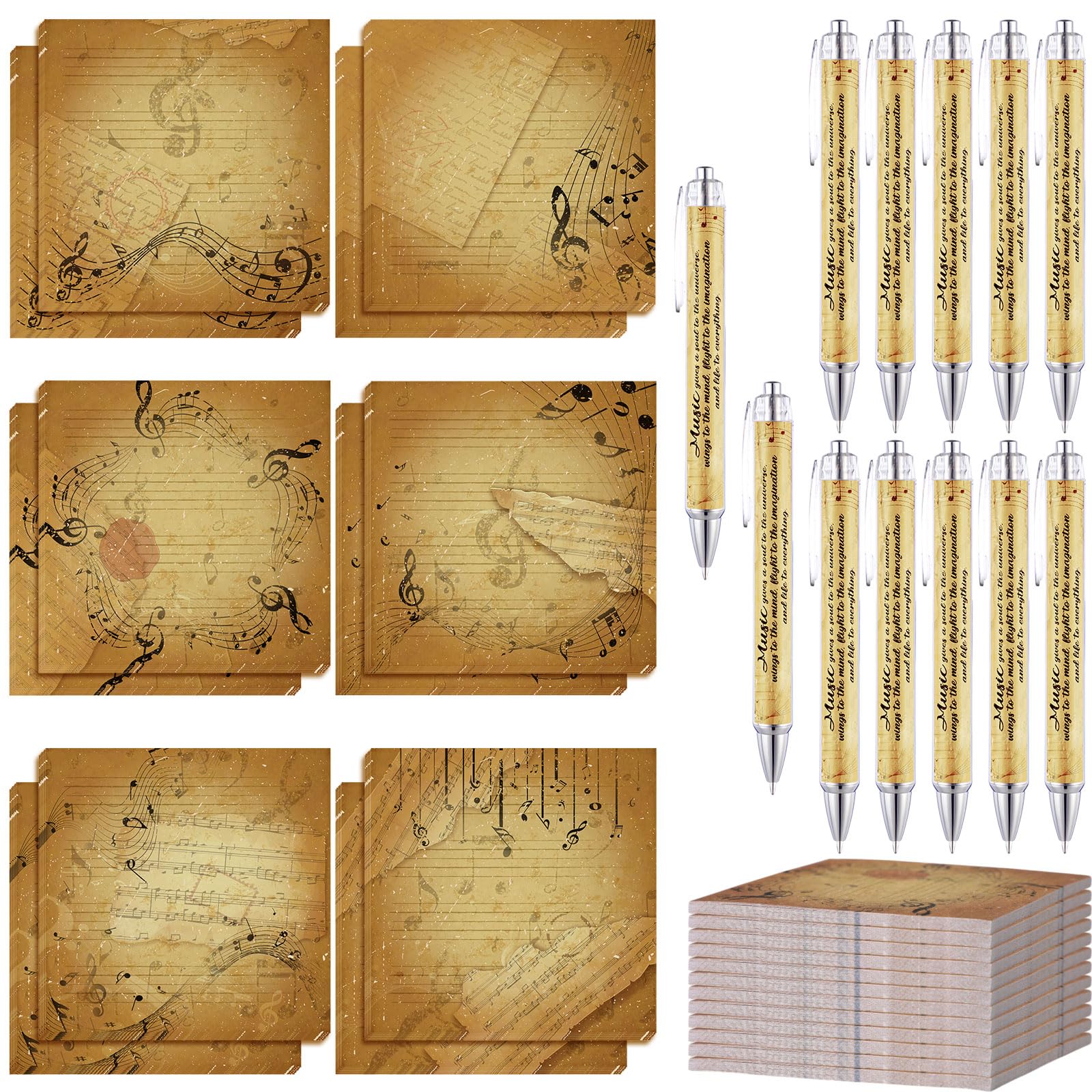 Kosiz 12 Set Music Gifts Bulk Music Sticky Notes with Ballpoint Pens Inspirational Musical Vintage Notepads for 80s Rock and Roll Piano Choir Party