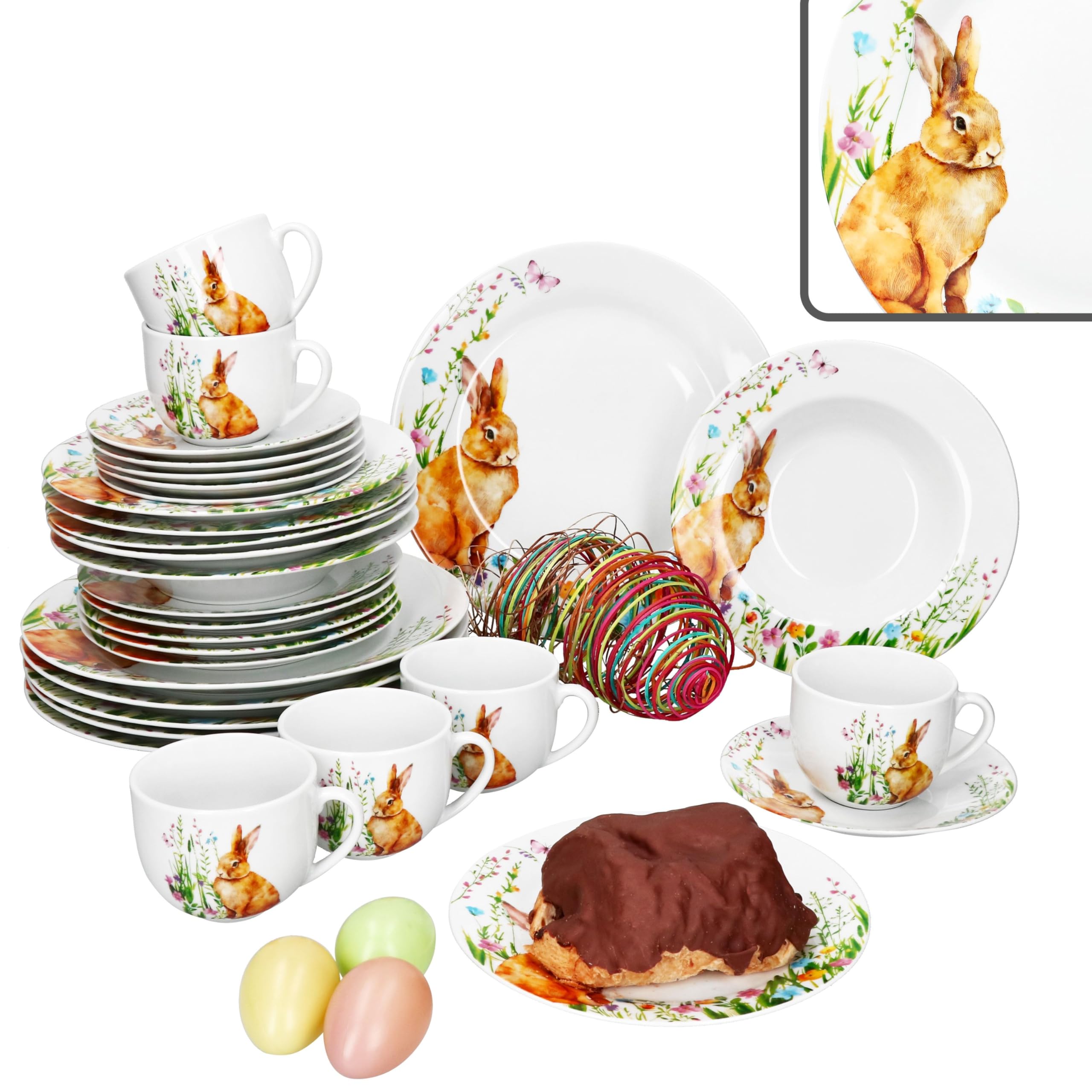 MamboCat 30tlg Kombiservice Osterfreude I frühlingshaftes Porzellan-Geschirrset mit Osterhasen-Dekor für 6 Personen I Je 6x Tassen, Untertassen, Kuchenteller, Suppenteller & Speiseteller
