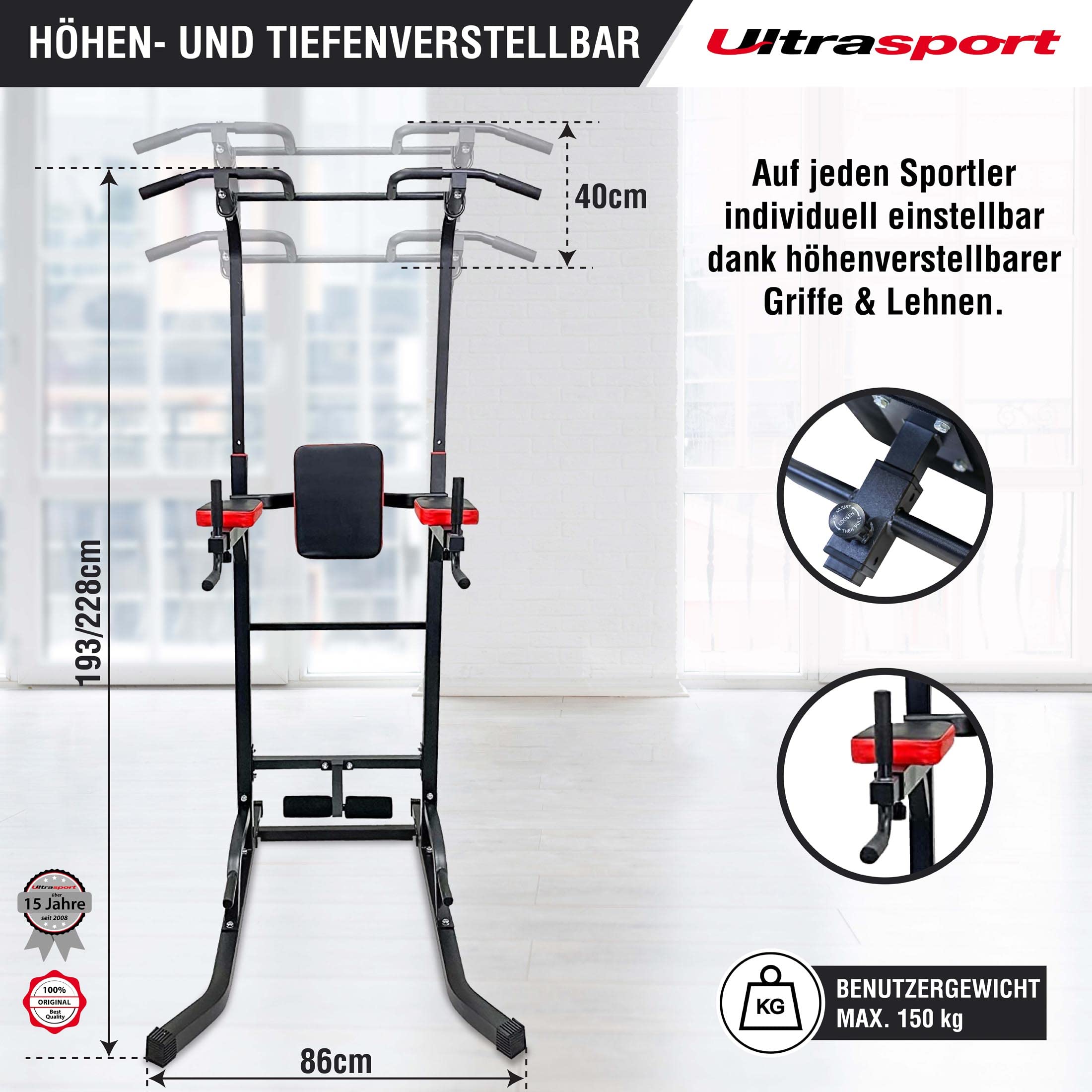 Ultrasport Power Tower, Klimmzug, Dip Station, Fitnessturm, höhenverstellbar, Heim Fitnessstudio, Kraftturm, verstellbar bis 150 kg Nutzergewicht
