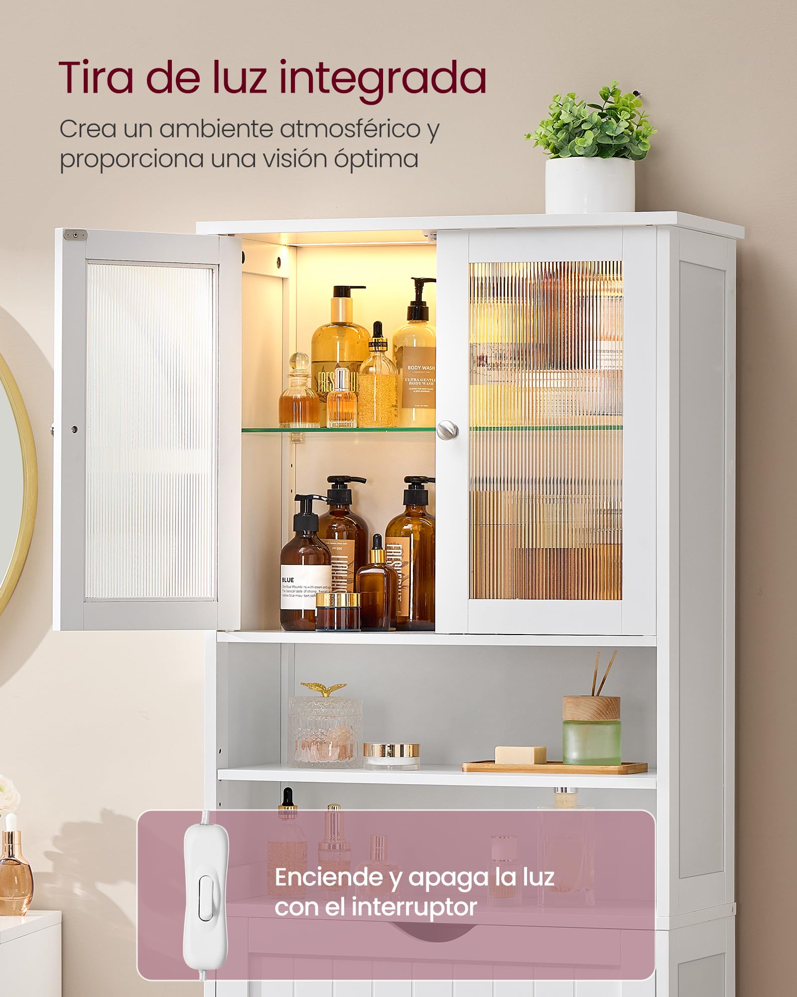 VASAGLE Armario de Almacenamiento con Iluminación, Armario de Baño, con Estantes Ajustables, Cajón, Compartimentos Abiertos, para Baño, Sala de Estar, Comedor, Blanco Nube BBC767W03