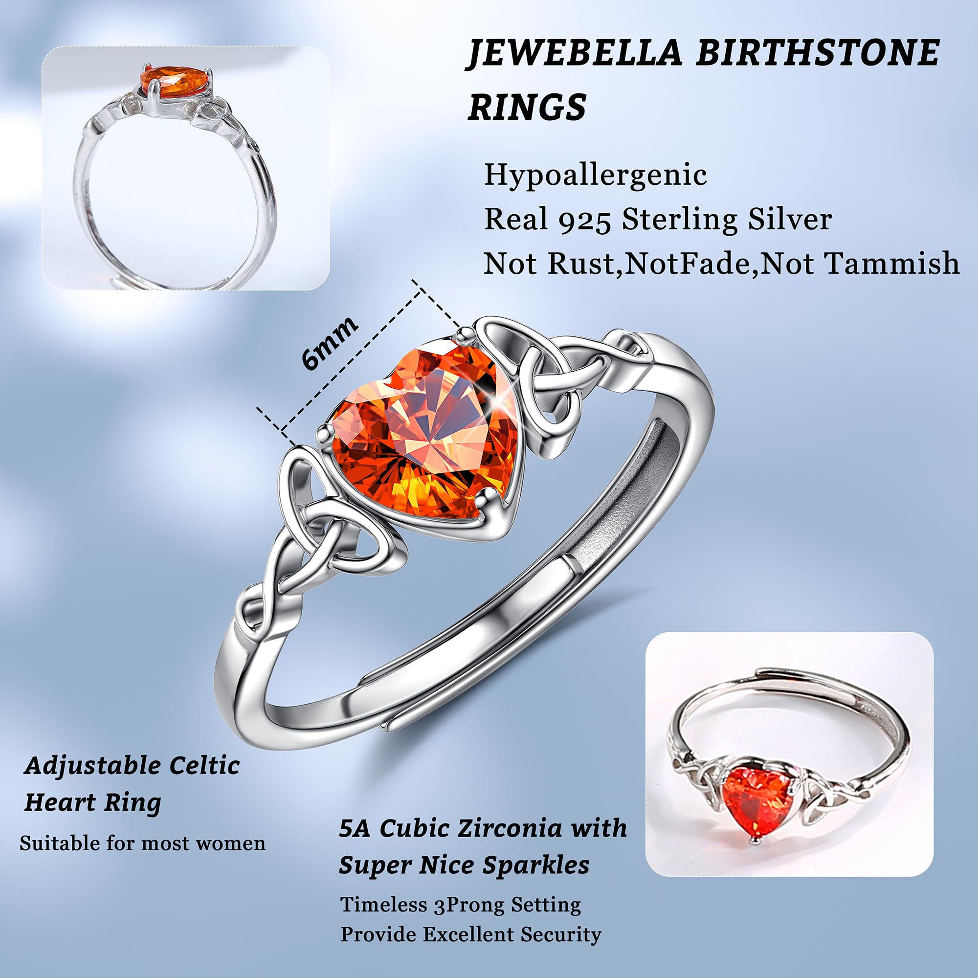 WBDWWTD JeweBella 925 Sterling Silber Ringe für Frauen, Verstellbarer Herz-Geburtsstein, keltischer Knotenring, Verlobungsring, Hochzeit, Versprechensring, Daumenringe für Frauen und Mädchen,