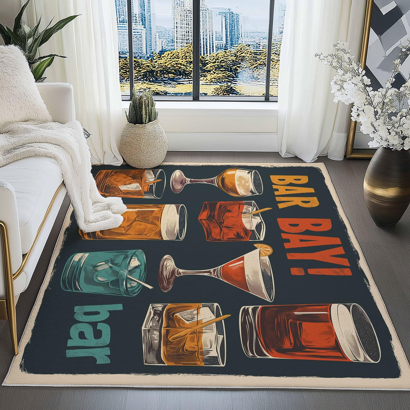 Tapis de salon rétro 120x180 cm - Motif verre à vin coloré vintage
