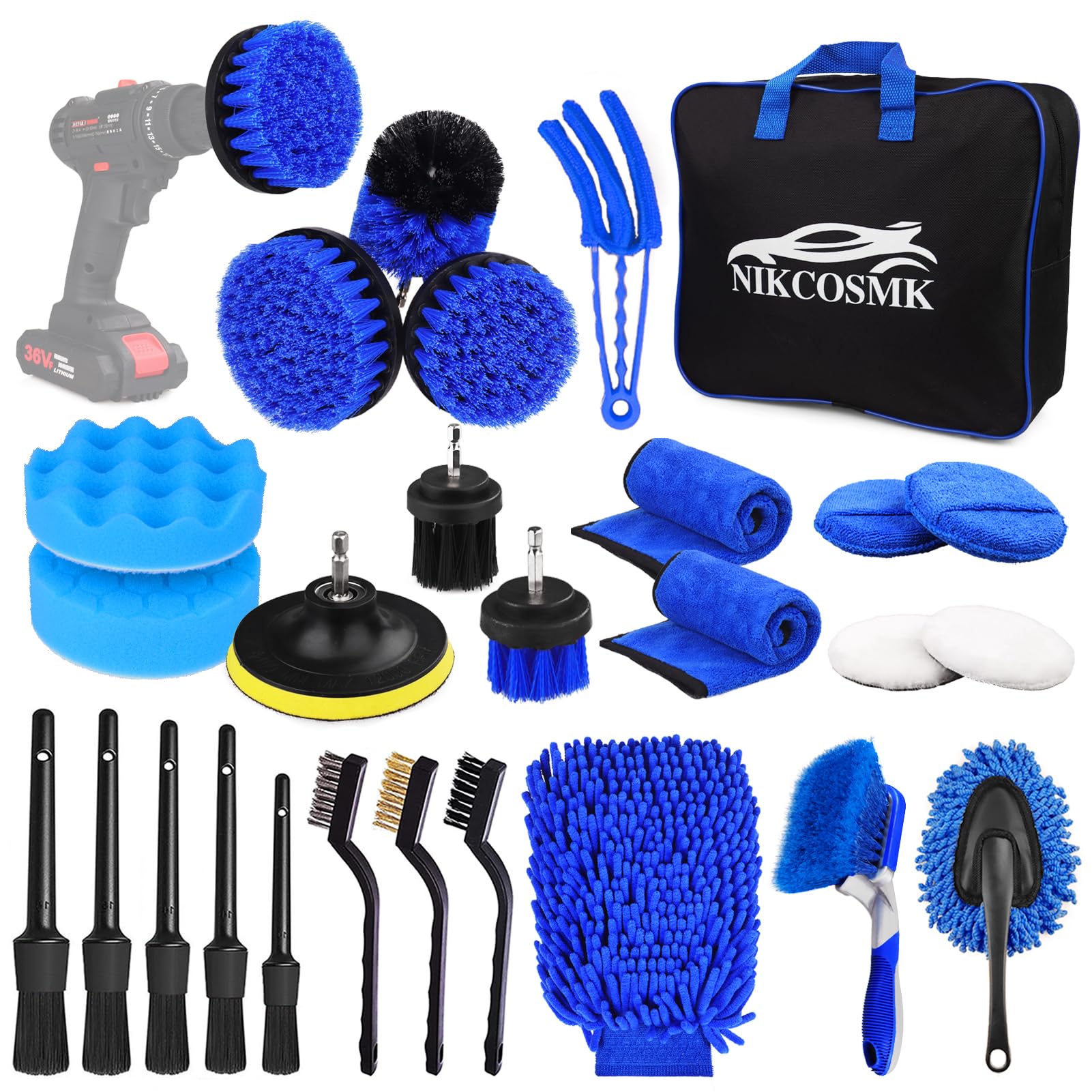 NIKCOSMK 27Pcs Car Detailing Kit, Car Detailing Brush Set, Drill Brush Set Car Detailing, Car Detailing Brushes, Tire Wheel Brush,Car Accessories,Car Cleaning Tools Kit for Interior,Exterior,Wheels