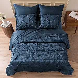 MR&HM Satin Comforter King 7 Pieces - Luxurious Pinch Pleat Bedding Set with Comforter, Flat Sheet, Fitted Sheet, Pillowcases & Shams, Super Silky Soft Bed Set for All Season (King, Mood Indigo)