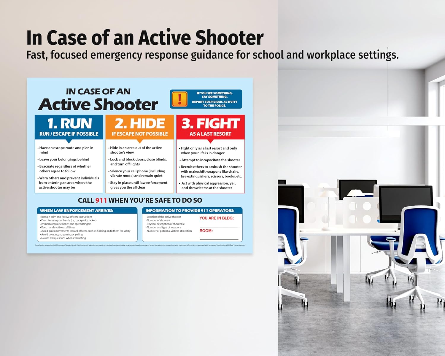 ZOCO – Active Shooter Safety Posters (10-Pack) – Laminated 17x22 Emergency Preparedness Sign – Run Hide Fight Strategy for School, Workplace, or Public Building