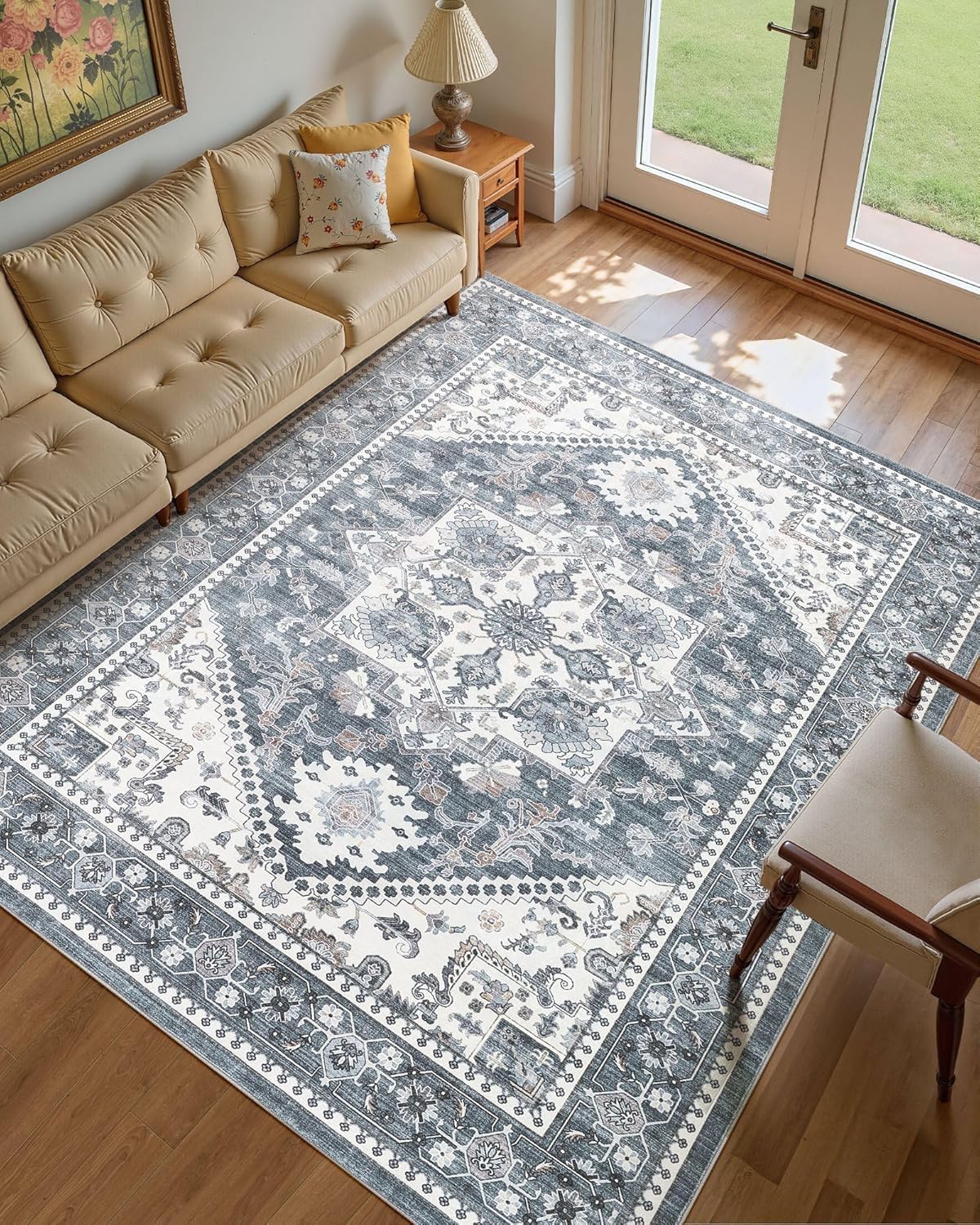 Tapis vintage oriental bleu blanc gris 150x150cm lavable de salon