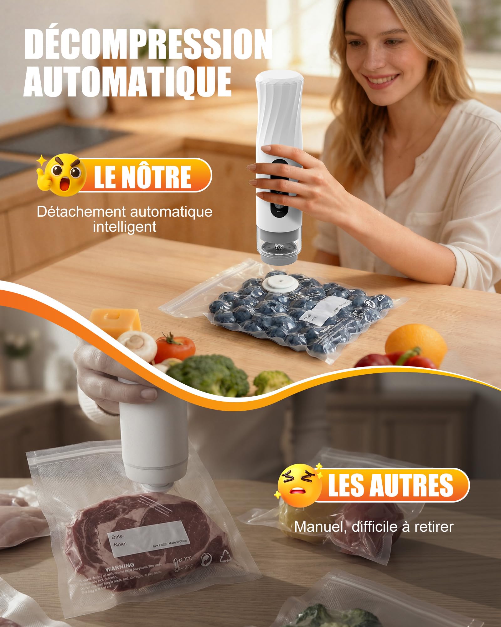 Babacom Portable Machine Sous Vide Alimentaire avec Réservoir Visible, 60kPa Ultra-Puissante, Scellage Auto & Mode Pulse pour Aliments Délicats, Pompe Sous Vide Compacte avec 20 Sacs Réutilisables