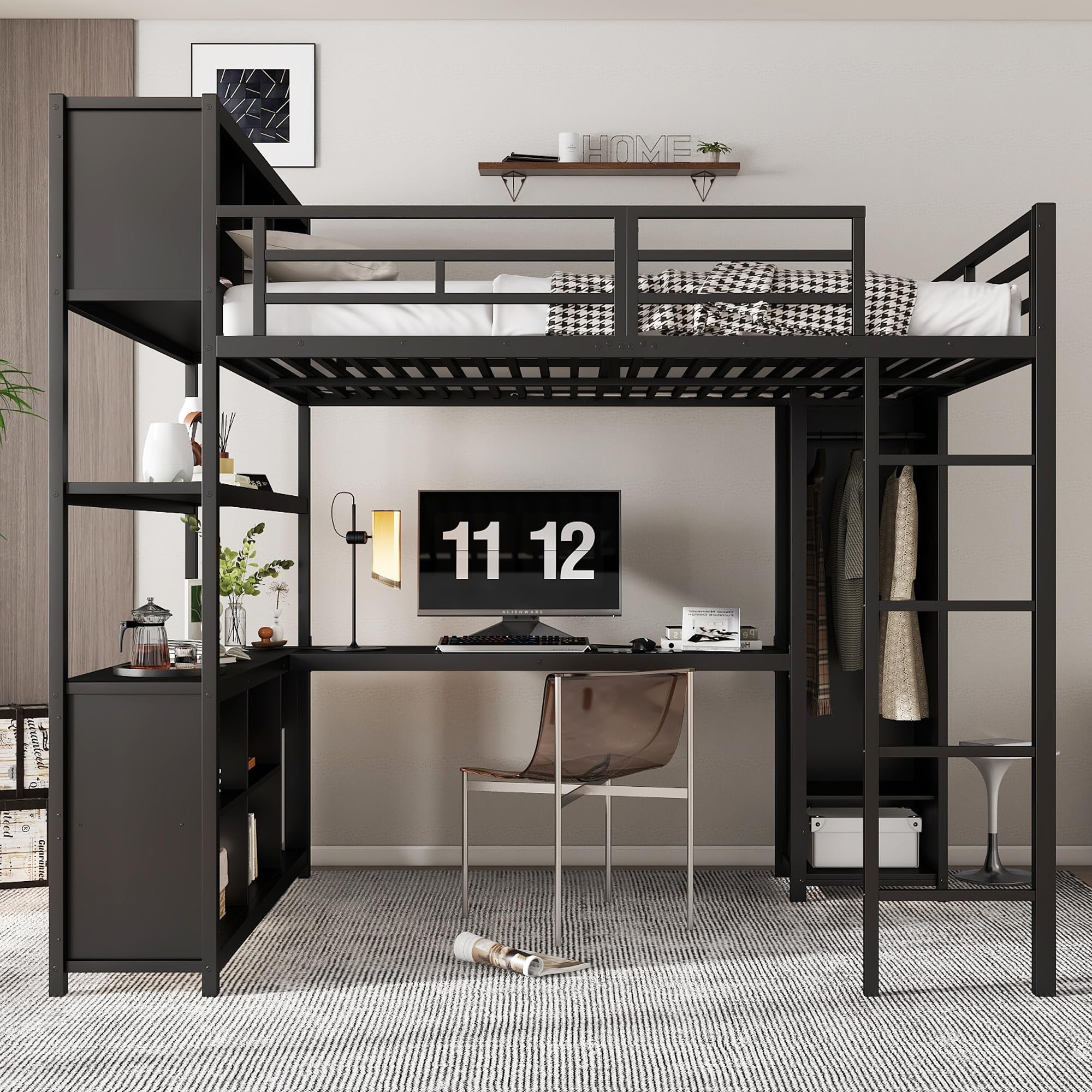 Etagenbett Kinderbett 140x200 cm, Eisenbett Hochbett mit Stauraum Schreibtisch, Einzelbett Metallbett Bett mit Kleiderschrank, Leiter und Lattenrost aus Metallrahmen, ohne Matratze (Schwarz)