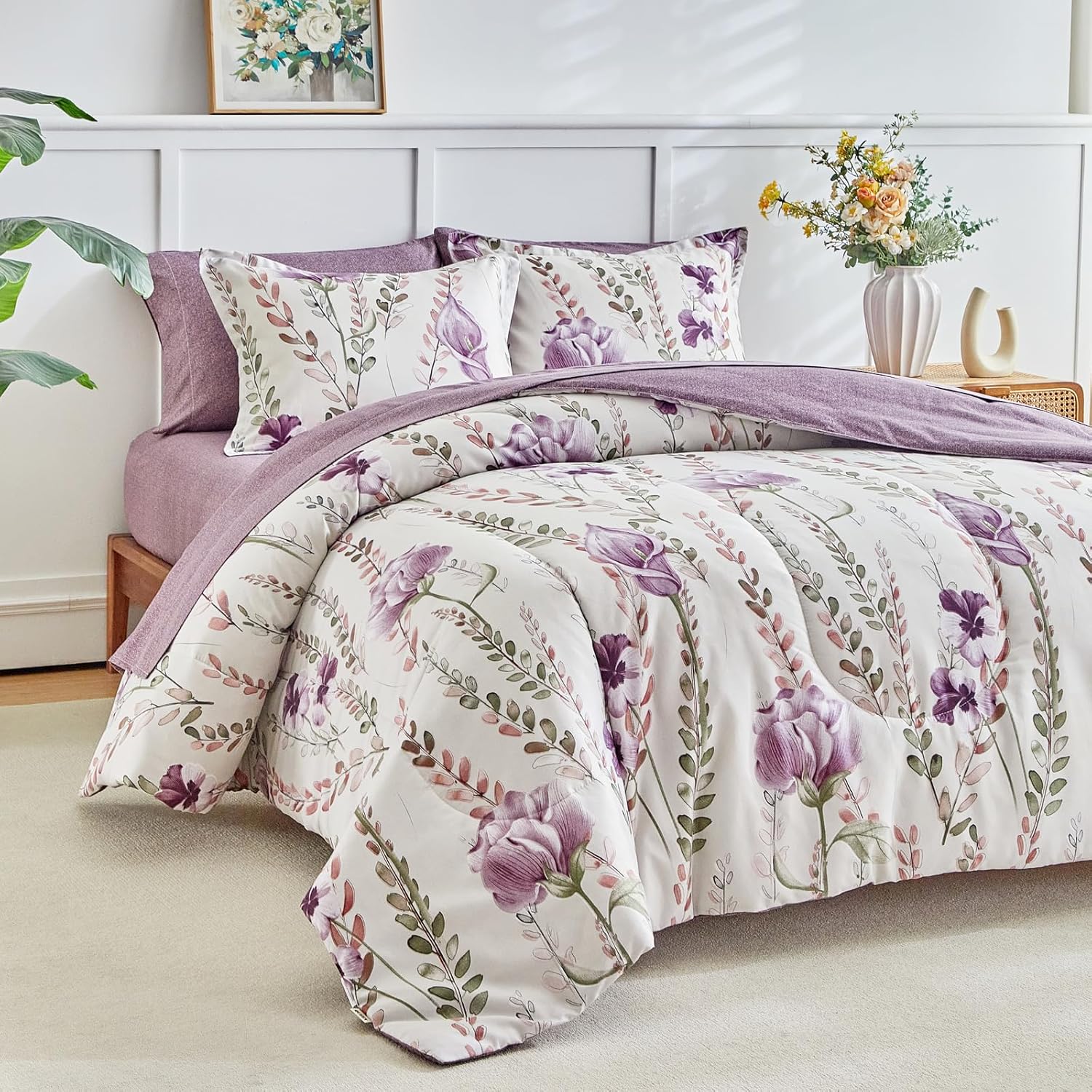 AIKASY Bed in a Bag 7-Piece Queen Comforter Set - Soft Microfiber Bedding with Elegant Floral, Lightweight and Breathable for All-Season (Regal Purple)