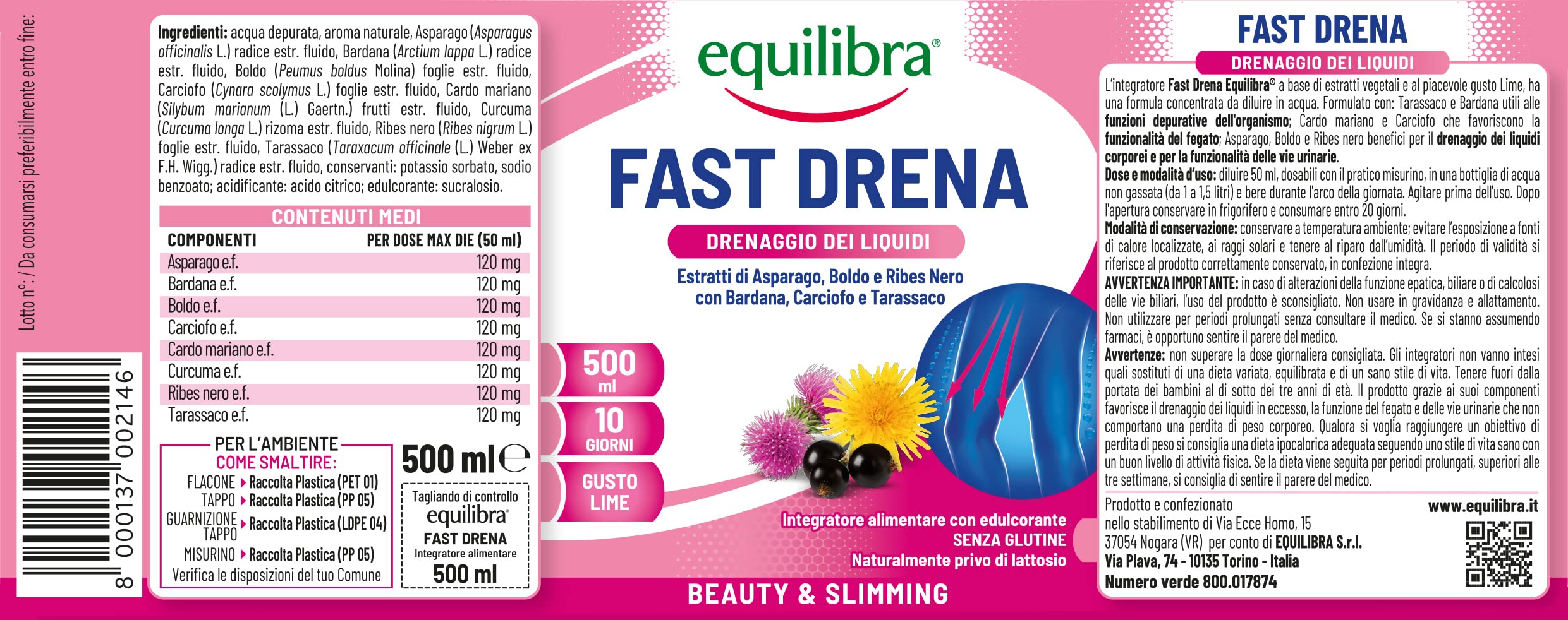 equilibra Integratori Alimentari, Fast Drena, Integratore a Base di Estratti Vegetali, per il Drenaggio dei Liquidi, la Funzionalità delle Vie Urinarie e del Fegato, da Diluire, Gusto Lime, 500 ml