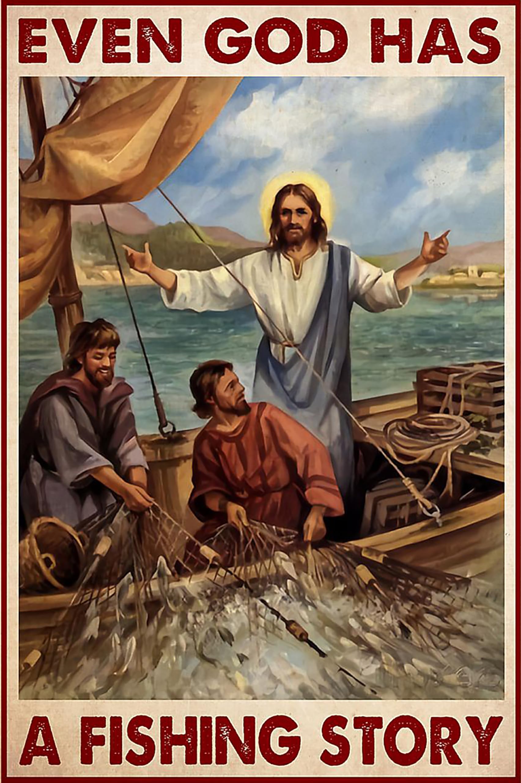 Kwqdozf Tin Sign-1 12X16inch Even God Has A Fishing Story Vintage Metal Aluminum Tin Sign Door