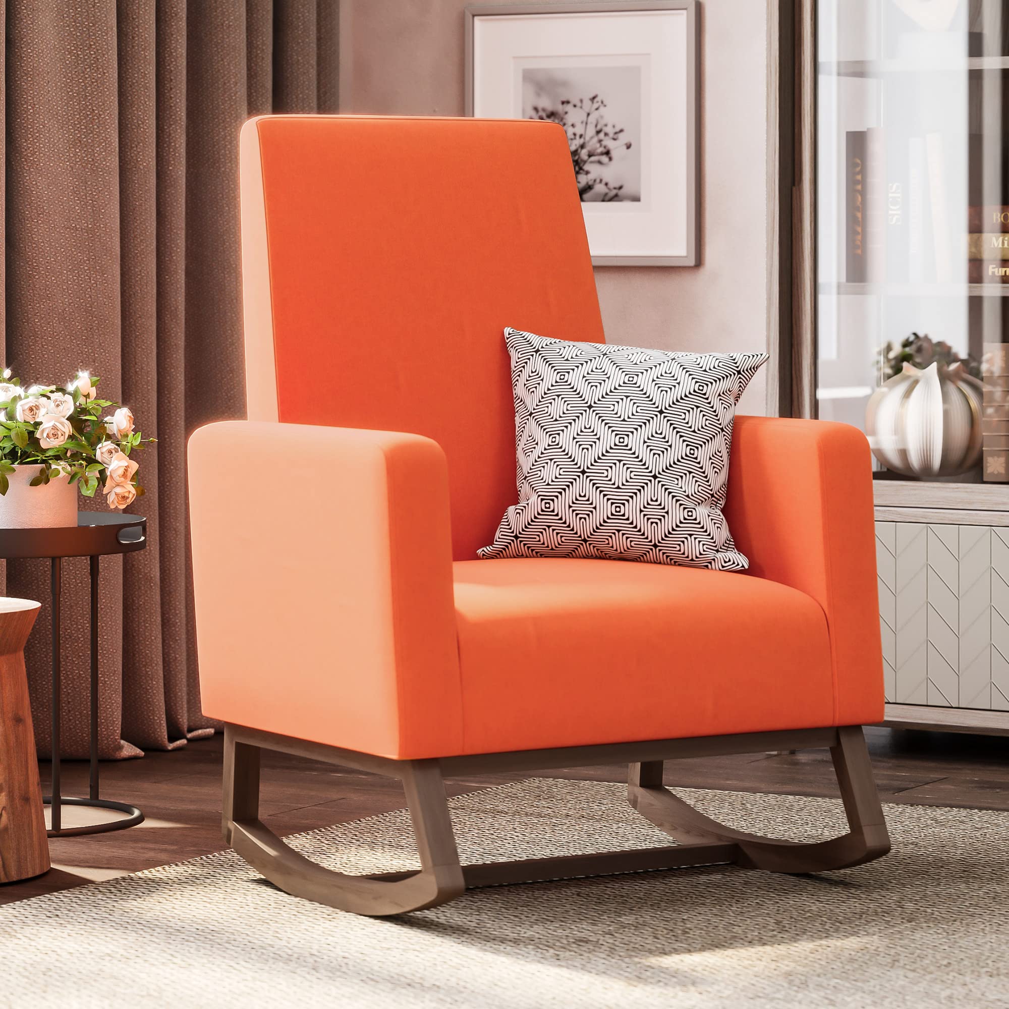 BELLEZE Modern Rocking Chair, Nursery Glider Rocker with Comfortable Padded Seat Solid Wood Base, Fabric Upholstery Arm Chair for Living Room Bedroom Baby Room - Felix (Orange)