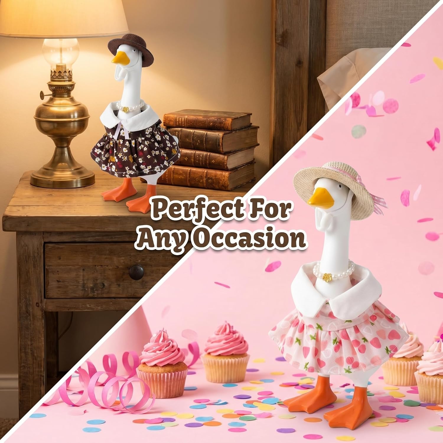 Desk Goose Outfits 7 Inches- 2 Set Cute Spring Summer Matching Dresses for Mini Desktop Geese with Hats Necklace, Magnetic Duck Goose Statue Accessories