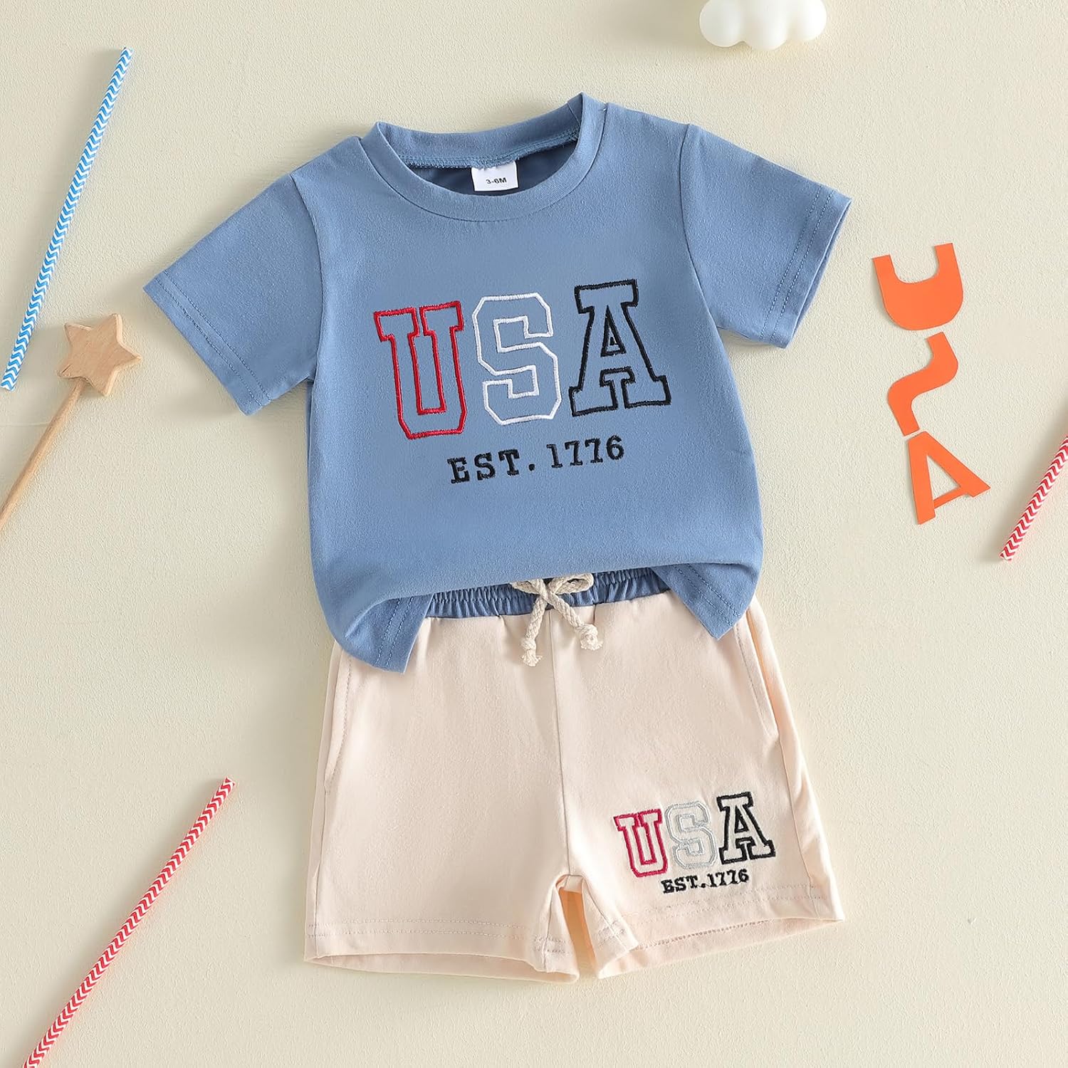 VISGOGO Baby Boy 4th of July Outfit 2PCS USA EST.1776 Short Sleeve T-Shirt and Shorts Set Toddler Patriotic Casual Clothes