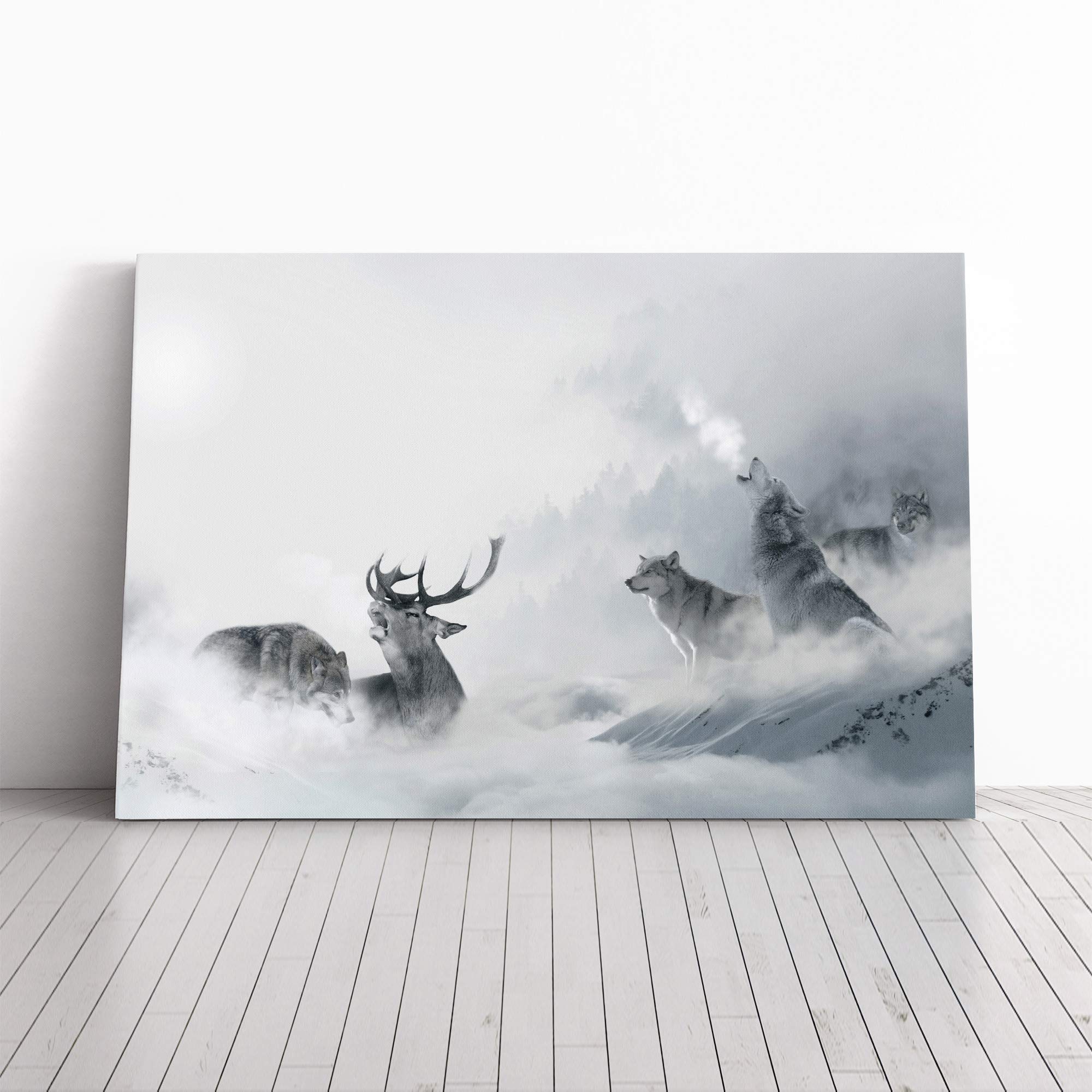 Wolves and Stag Deer Forest Landscape Canvas Print | Gallery Wrapped 30mm Frame Wall Art | 30x20 inches | Ready to Hang | Modern Animals Picture | Living Room Bedroom Lounge Office