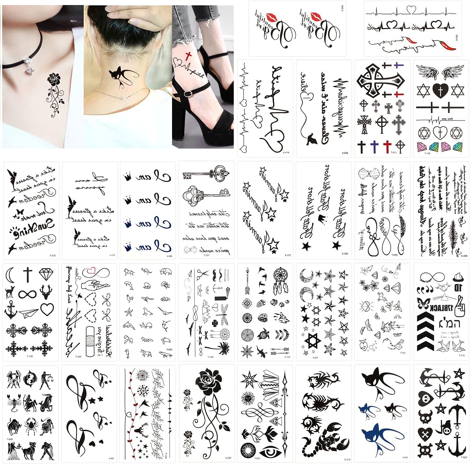 Konsait Temporary Tattoos for Adult Women Men Kids(30 Sheets), Waterproof Temporary Tattoo Fake Black Tiny Tattoos Body Art Sticker Hand Neck Wrist Cover Up Set