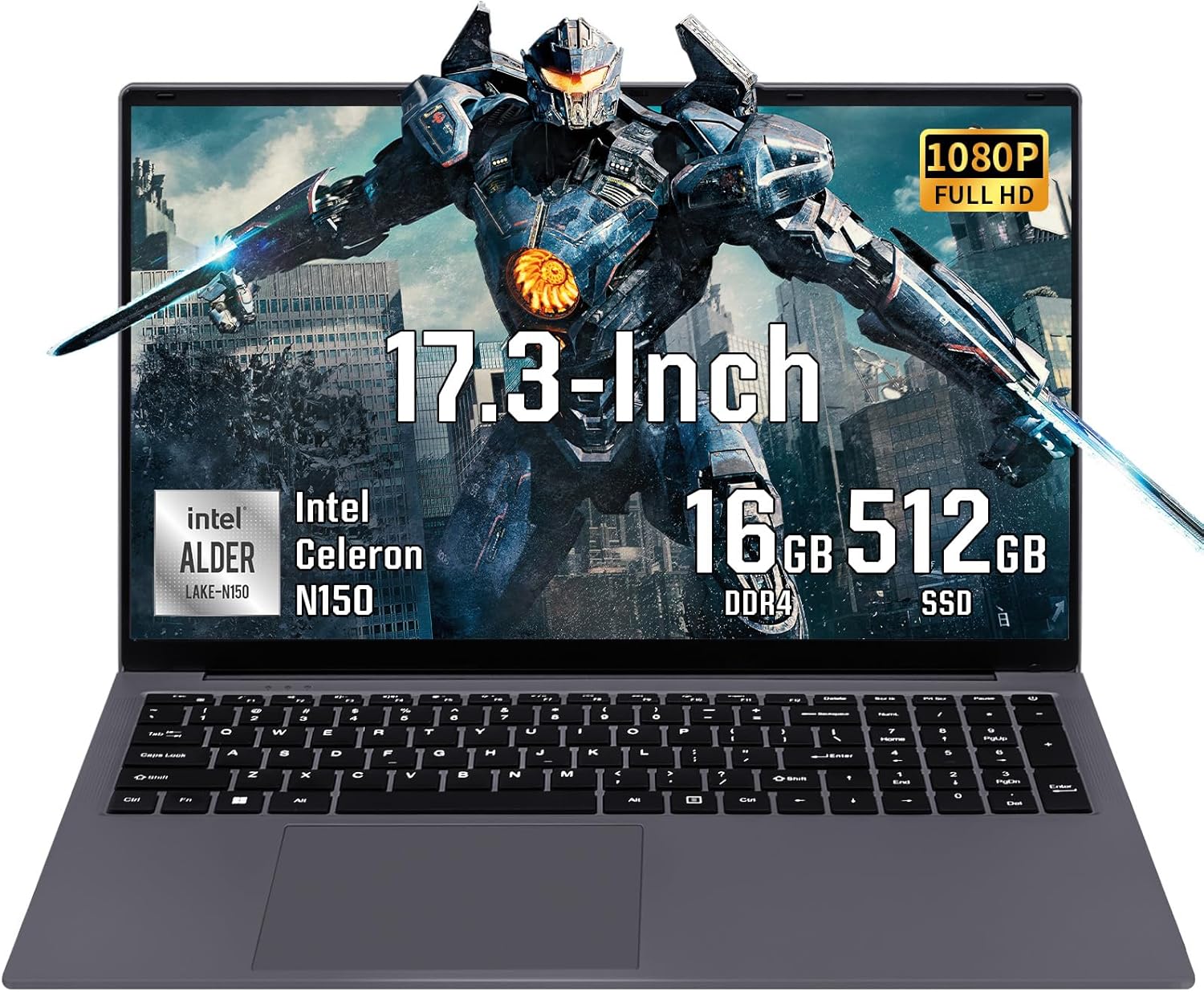BINTEC 17-inch Laptop, 16GB DDR4, Twin Lake-N150 high-Efficiency Processor (up to 3.6GHz), Backlit Keyboard, HDMI/USB 3.0, Expandable Storage, Gray (Gray, 16+512GB)