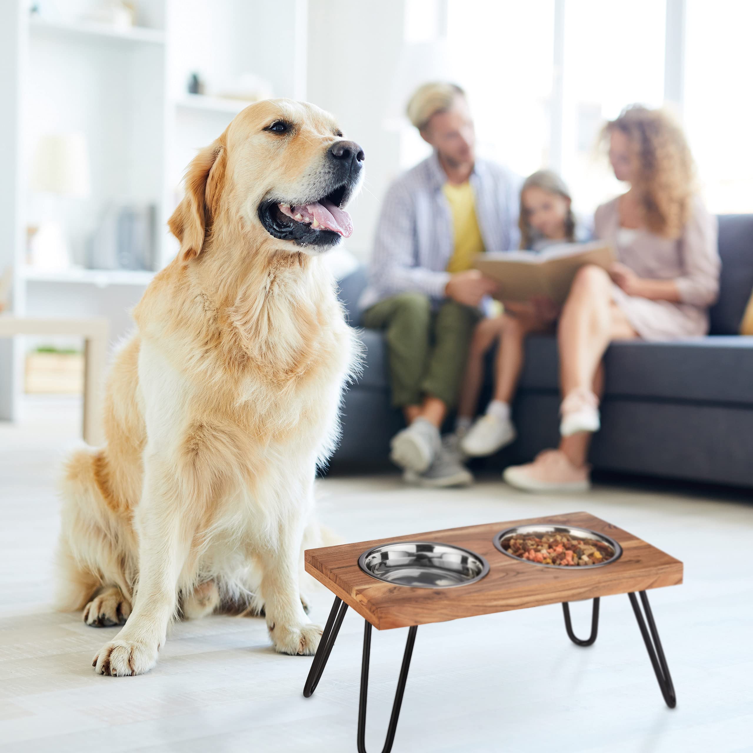 Relaxdays Comedero Elevado para Perro, Soporte Alto de Madera Acacia, 23x49,5x25 cm, 2 Cuencos de Comida 1200 ml, Marrón