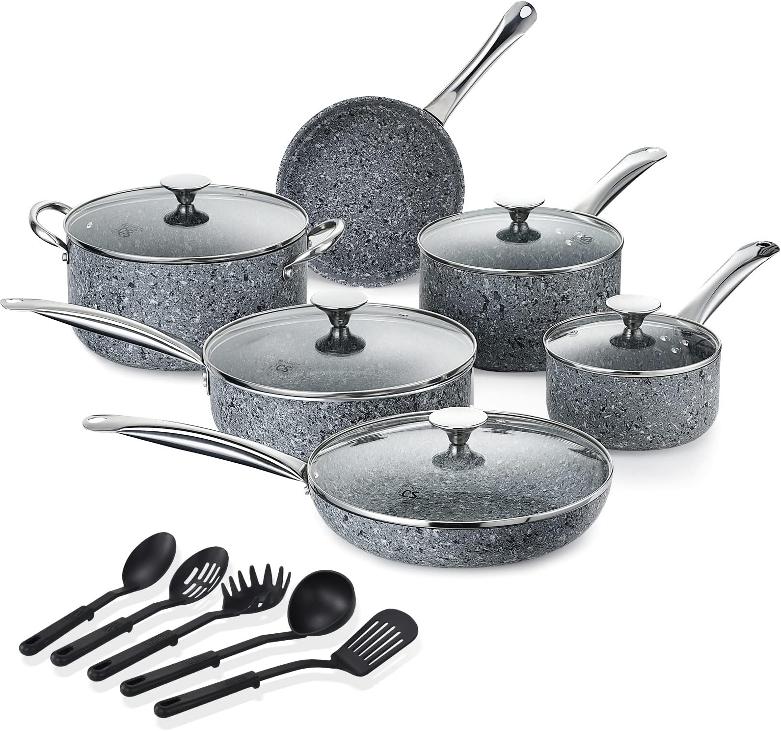 16 Pieces Nonstick Cookware Set - KOCH SYSTEME CS Nonstick frying pans, Grey Granite Cookware with Derived Coating, Induction Pot&Pan Set, Stainless Steel Handle, All Stoves Compatible, APEO PFOA-Free