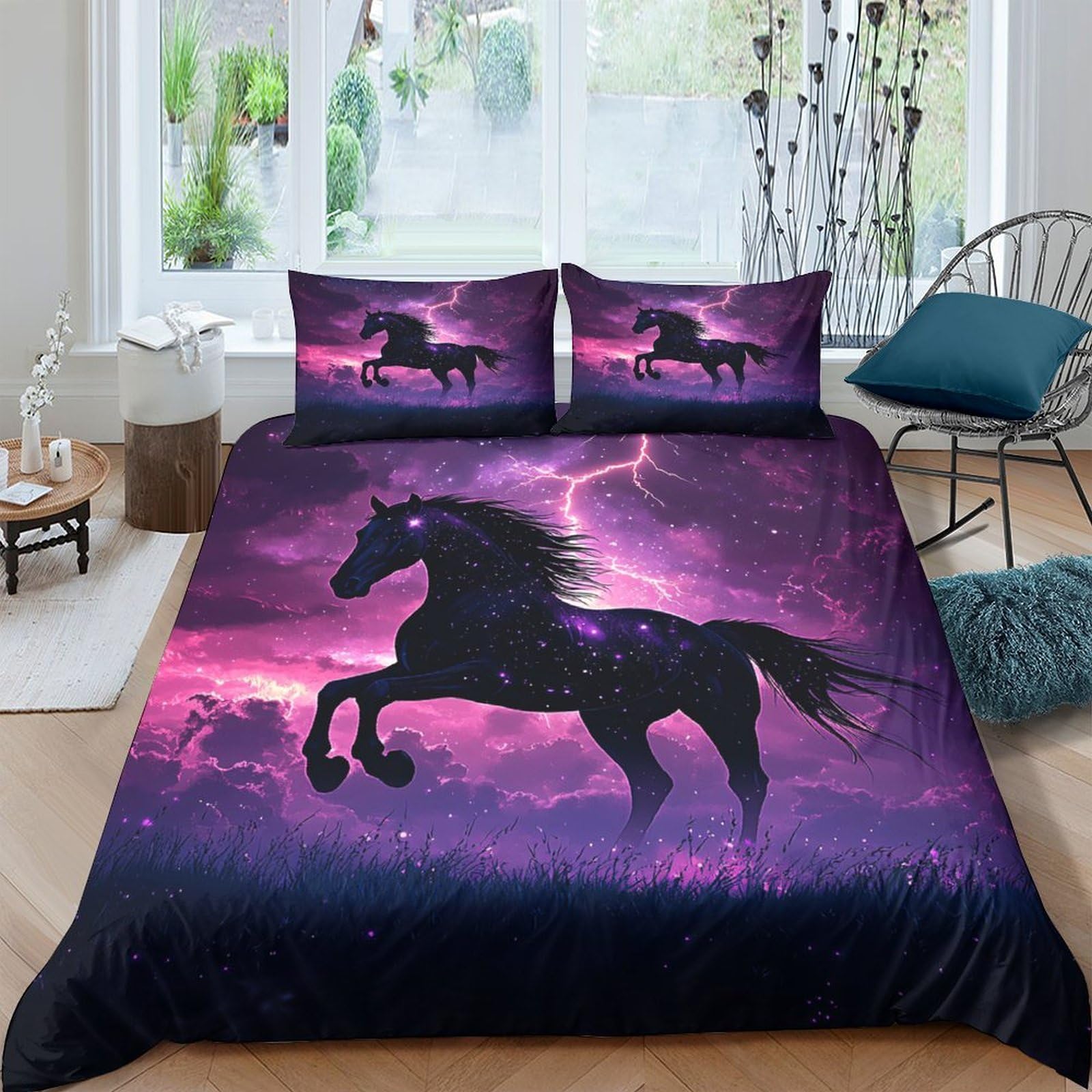 Ctjqhvkz Style-9 3D Printed Thunder Night Horse Fitted Sheet Microfiber Purple Lightning Bed Cover For Bedroom Guestroom Decor Single（135X200cm）