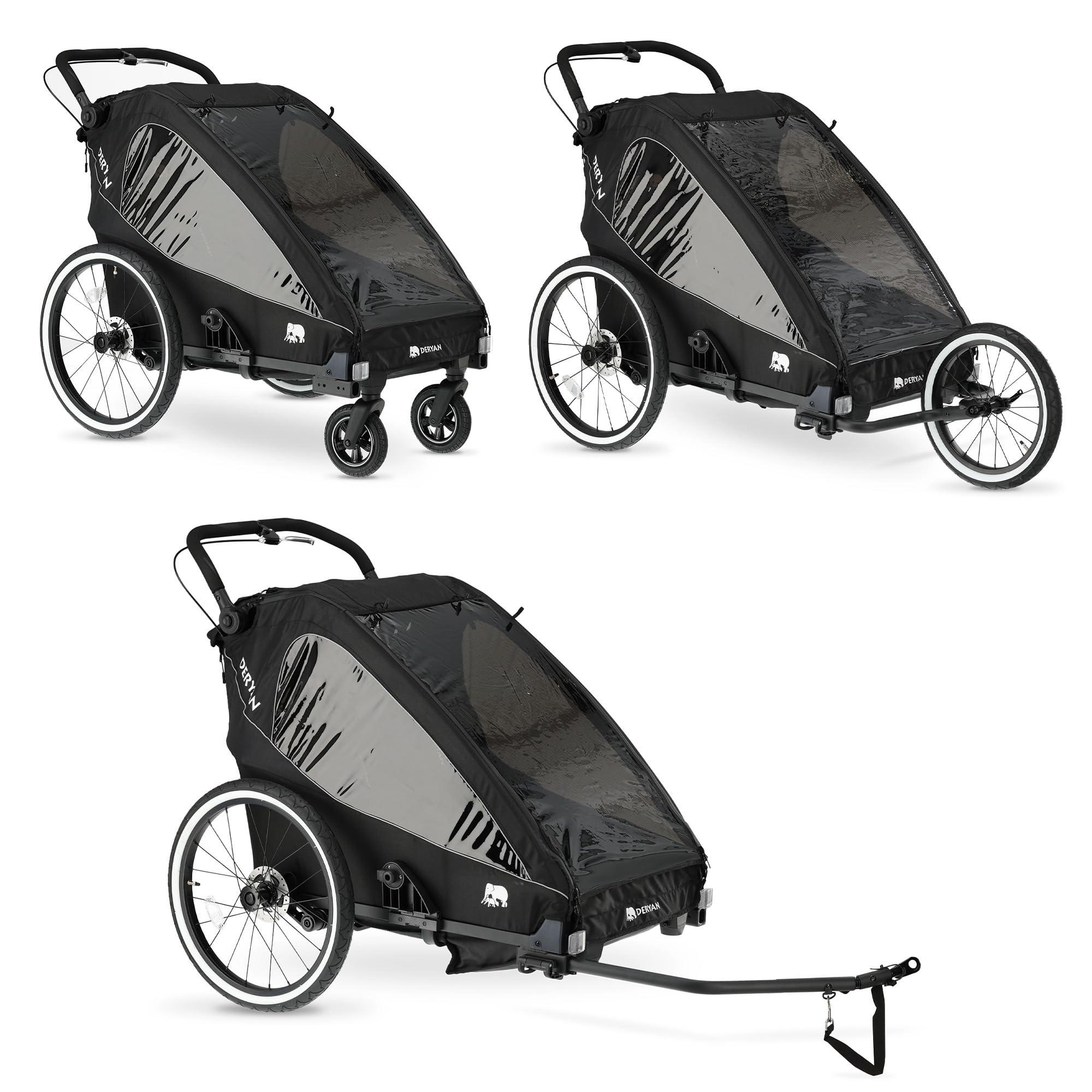 Deryan Luxus 3-in-1 Rimorchio per Bicicletta v2 per 2 Bambini – Rimorchio per Bicicletta, Passeggino & Jogger – Passeggino Multifunzionale con Cintura a 5 Punti – Nero