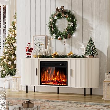 BREEZEHEAT 65" Fluted Fireplace TV Stand for TVs Up to 75+, Entertainment Center with Electric Fireplace, Curved Modern Design, Media Console Cabinet for Living Room, White