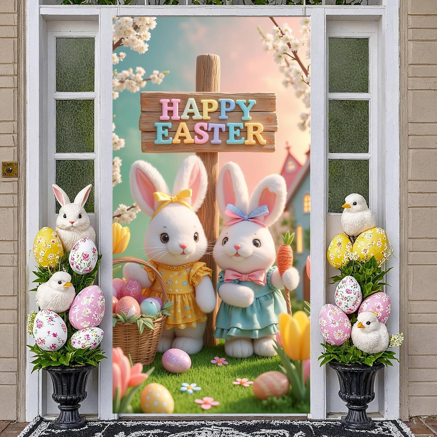 Easter Door Cover Decoration Happy Easter Banner for Front Door Home Porch Decor Large Bunny and Eggs Background Fabric Poster Party Supplies for Outdoor Indoor Use (71 x 35 Inches)