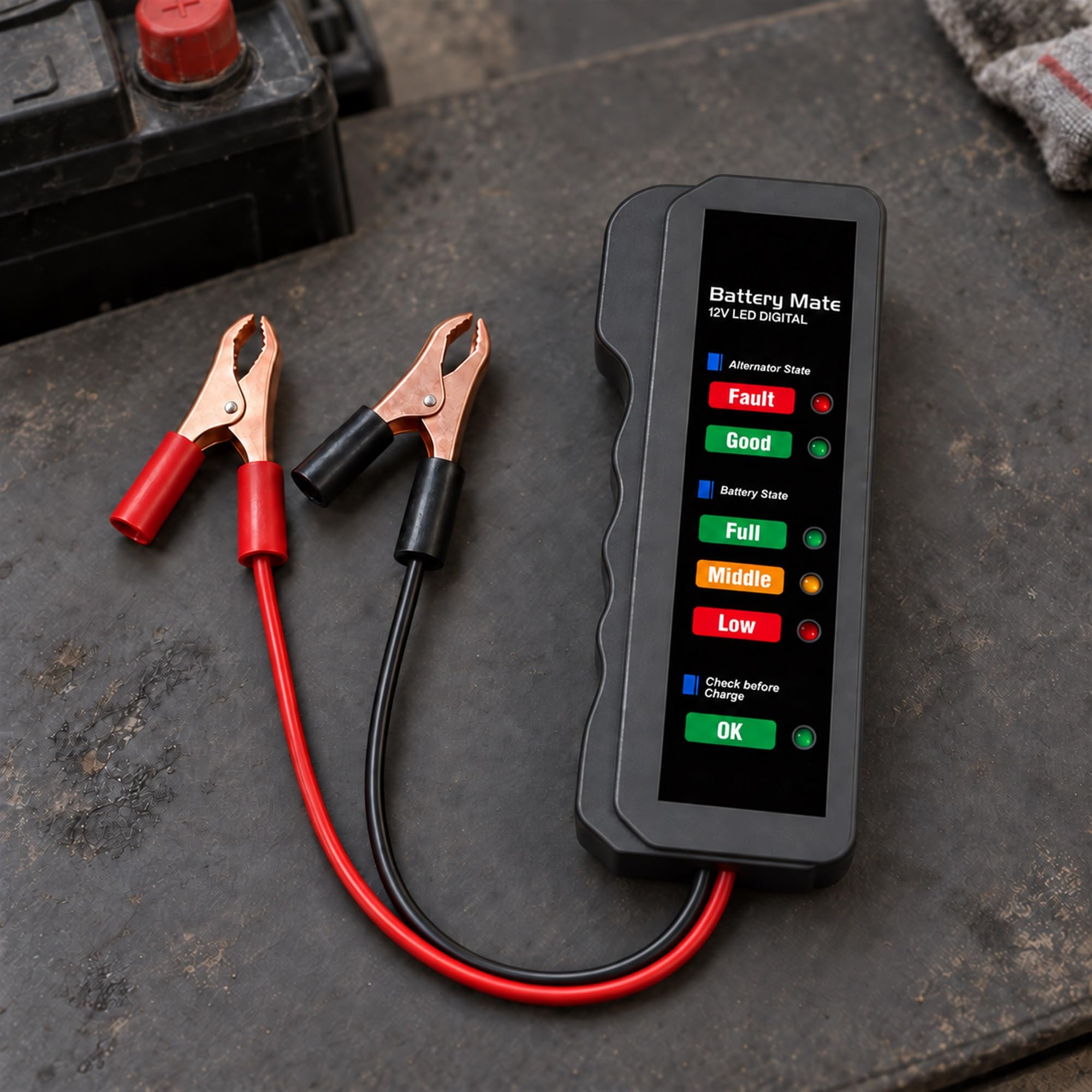 Automotive Battery and Alternator Tester for Vehicle Electrical Checks, Charge Condition Monitoring and Maintenance