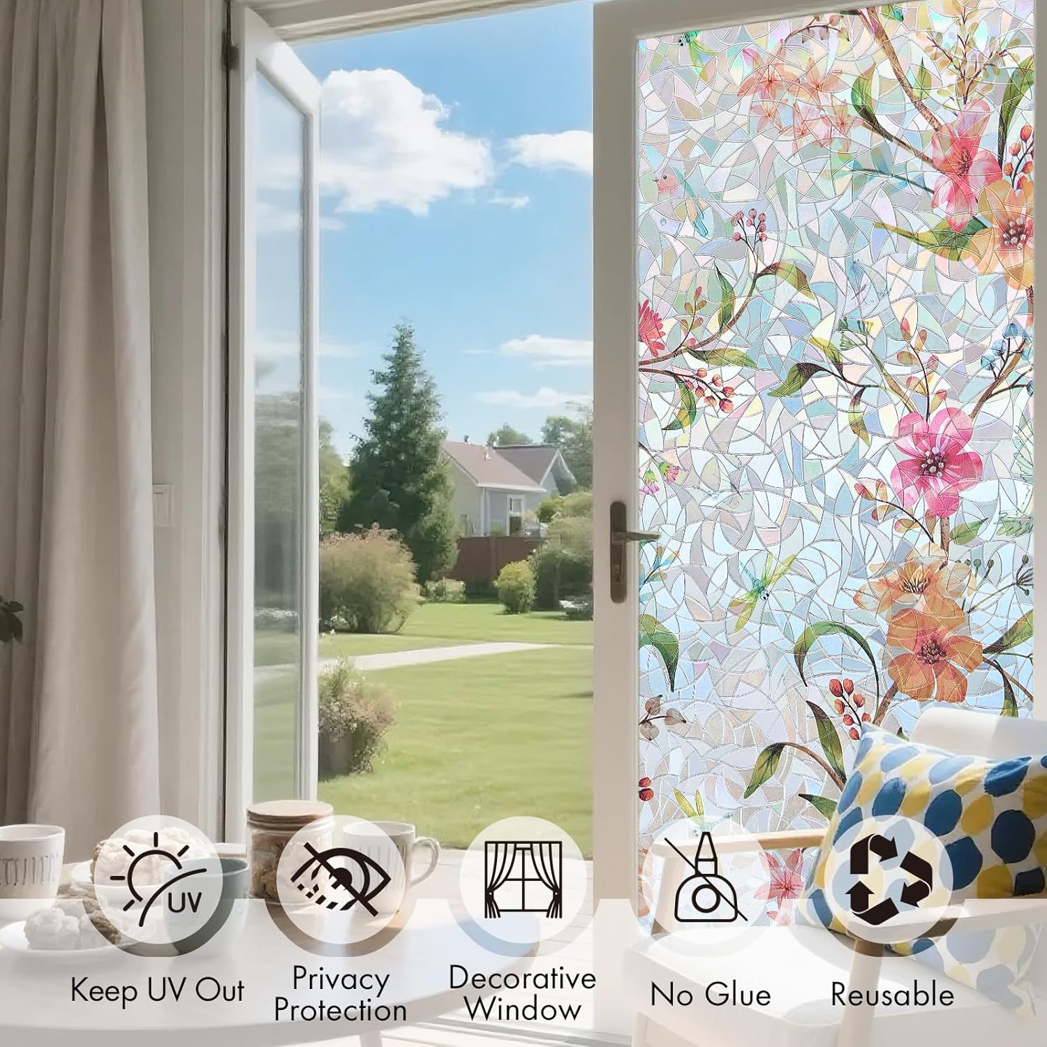 Window Privacy Film, Trumpet Vine Decorative Static Cling Glass Sticker No Glue Removable Window Tint with Installation Tools, Anti-UV Front Door Glass Covering for Home, 23.6" x 157.4"
