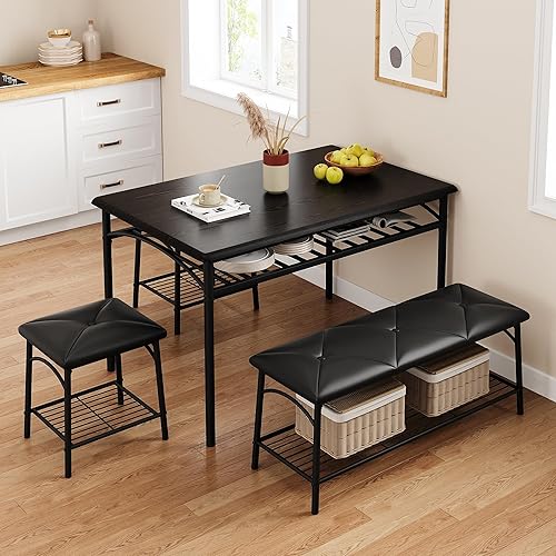 Miniatura 5 de IDEALHOUSE Juego de 4 mesas de comedor para 4, mesa de cocina con banco de comedor tapizado y taburetes cuadrados, juego de comedor para 4 personas
