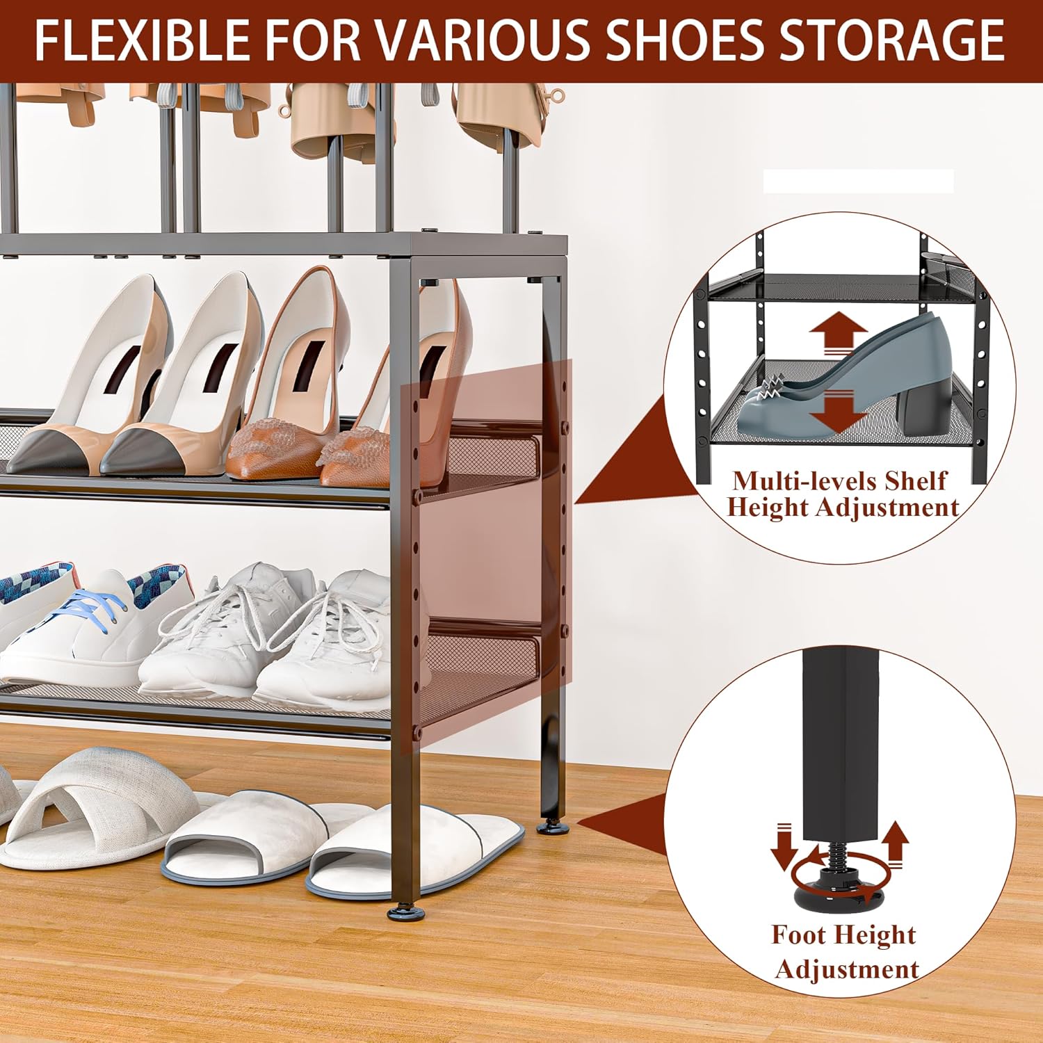 Adjustable Metal Shoe and Boot Rack in One, Combined & Separate Use, Freestanding Boot Storage Organizer and 3 Tiers Tall Shoe Rack, Metal Shoe Rack for Closet, for Front Door Entrance Garage