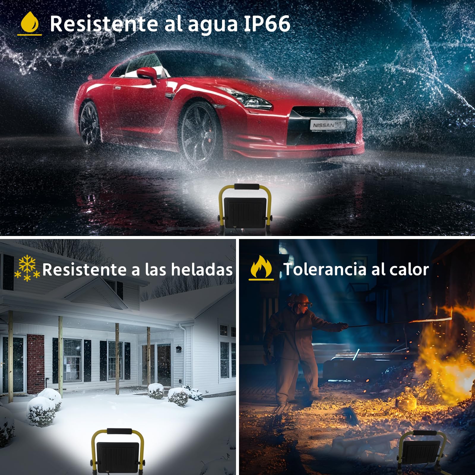 Luz de trabajo LED de 50 W, luz de trabajo súper brillante de 5400 lm, reflector portátil de 6000 K, luz blanca diurna, IP66 impermeable, luces de construcción con cable de 3,5 m, enchufe e