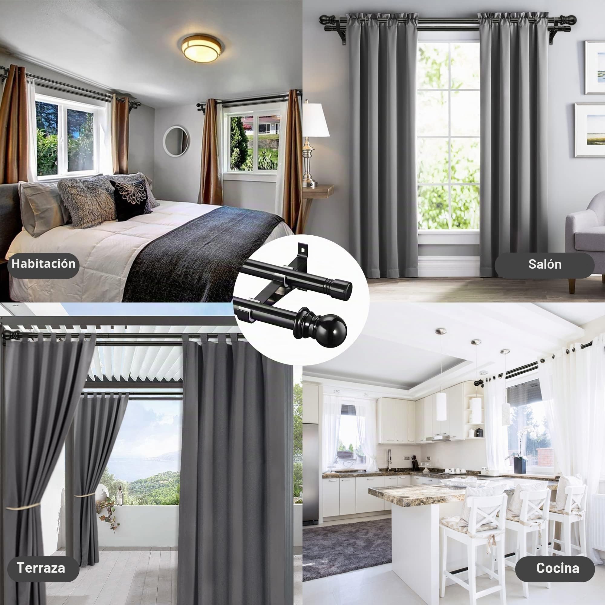 Barra de cortina doble, barra de metal extensible negra de 76 a 332 cm para cortinas con ojales, opacas y gasa, oscurecimiento de la habitación