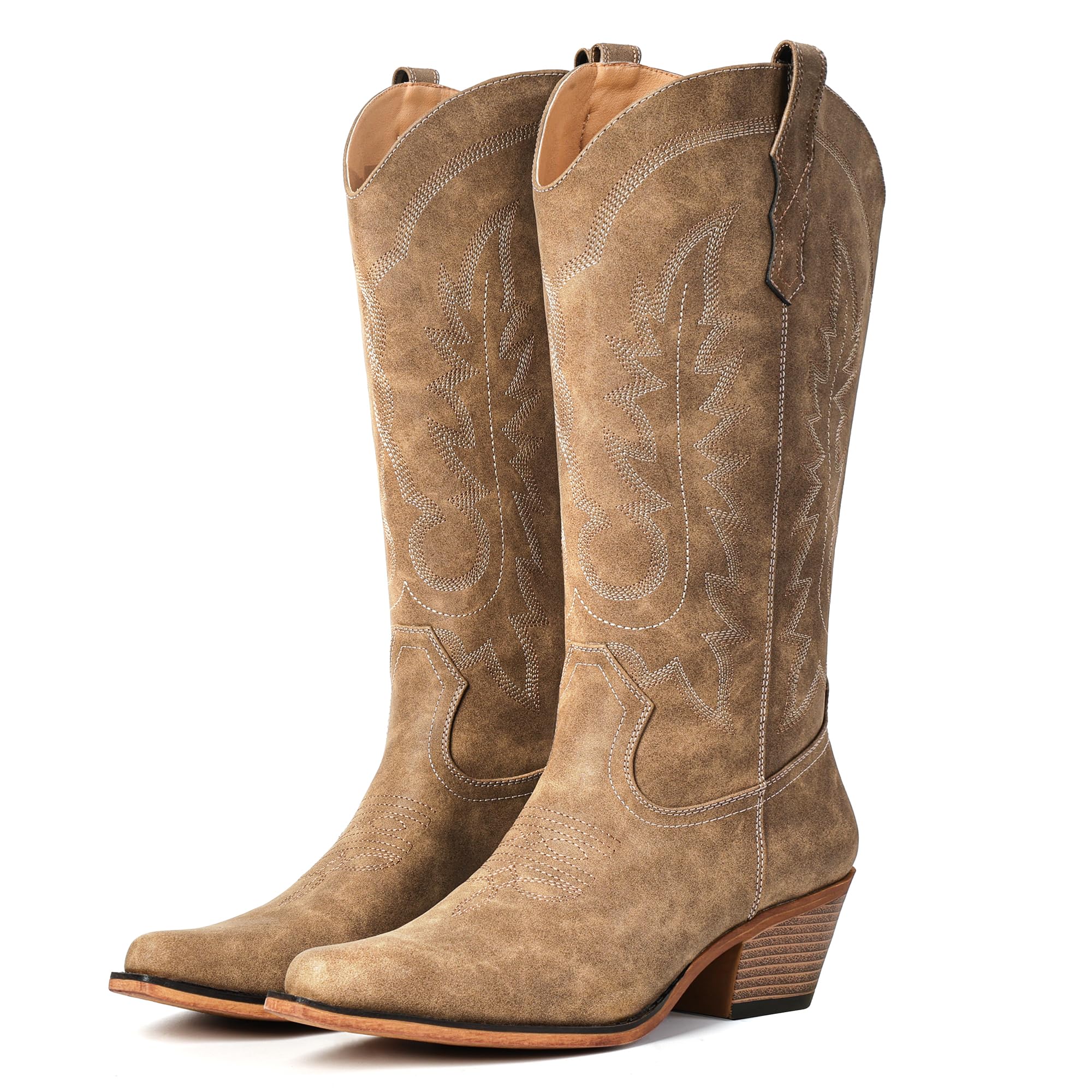 Women's Pointed Toe Mid Calf Cowboy Boots – Cowgirl Boots with Chunky Heel