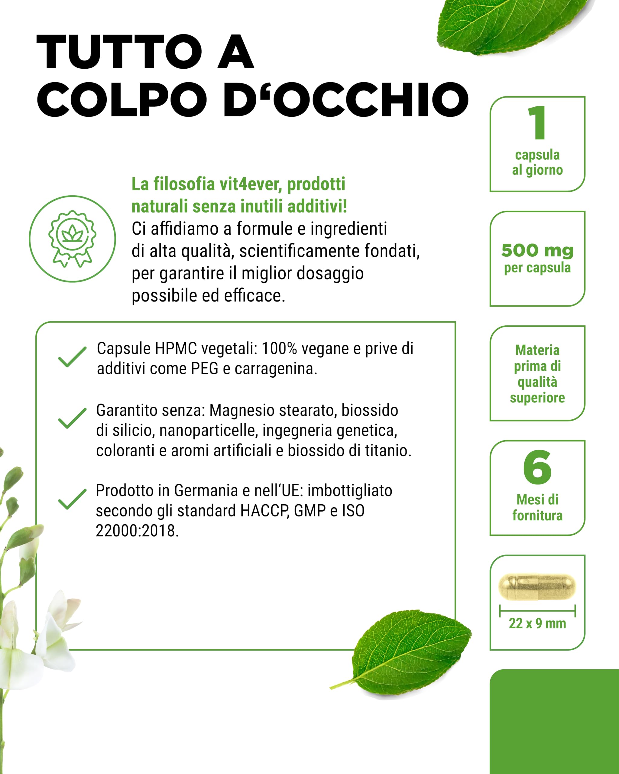 Quercetina - 500 mg - 180 capsule - Confezione per 6 mesi - Premium: estratto naturale di fiori di robinia in rapporto 15:1 con il 95% di quercetina - Altamente concentrato - Vegano