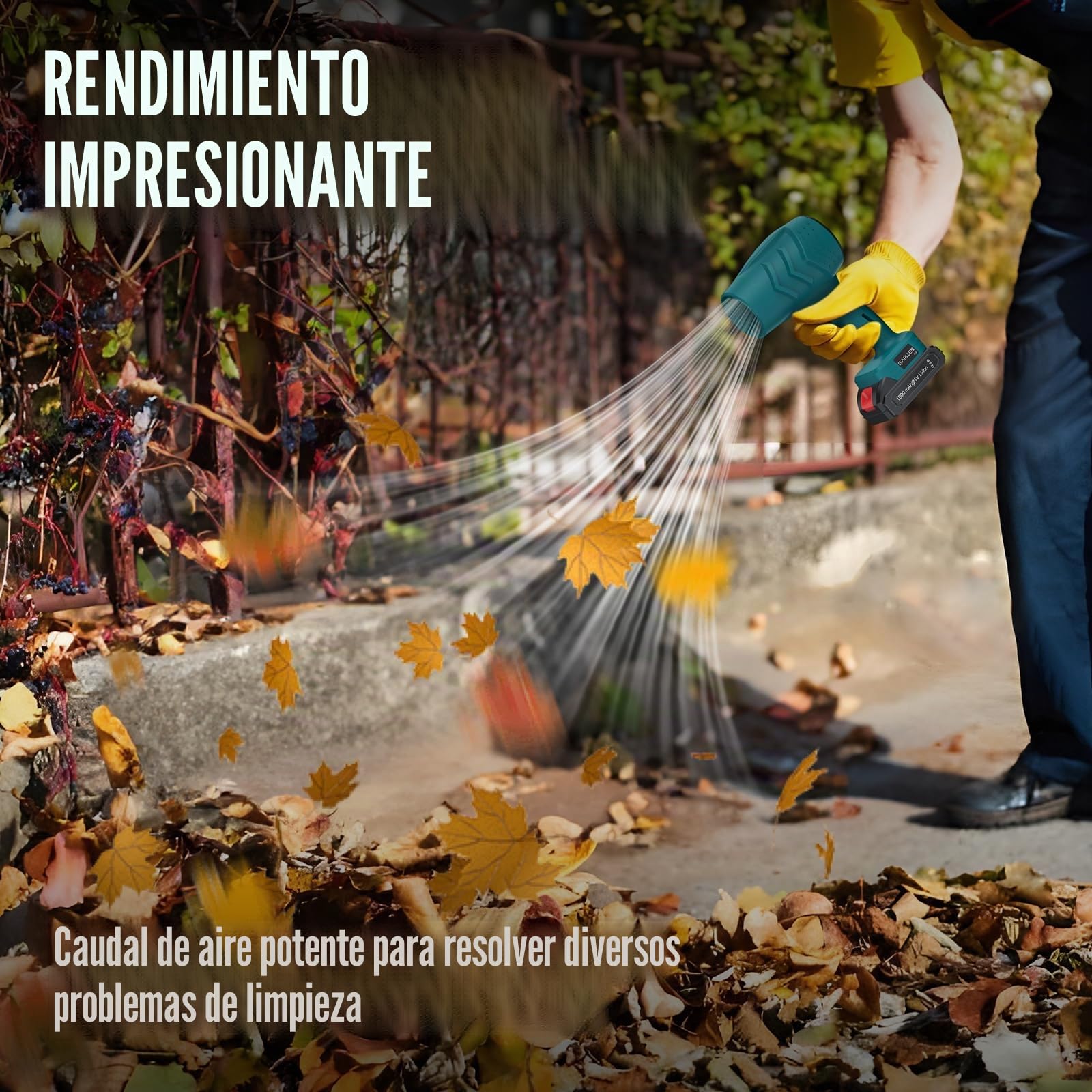 GARLLEN Soplador de Hojas Inalámbrico 21V, Motor de Cobre Puro 35000 RPM, Velocidad del Viento Ajustable Libre, 2 Baterías 1,5Ah con Cargador Rápido Ideal para Jardín, Terraza, Coche, Camping